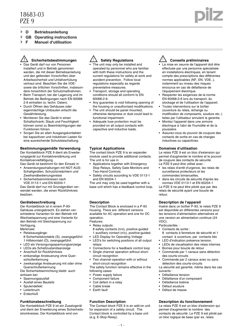 Pilz PZE 9 24VAC 8n/o 1n/c User Manual | 8 pages