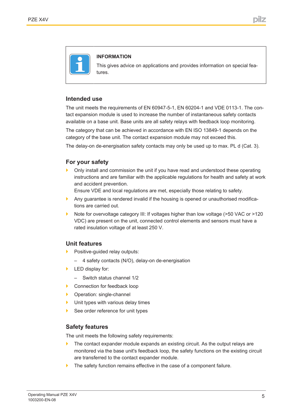 Intended use, For your safety, Unit features | Safety features | Pilz PZE X4V 0,5/24VDC 4n/o fix User Manual | Page 5 / 19