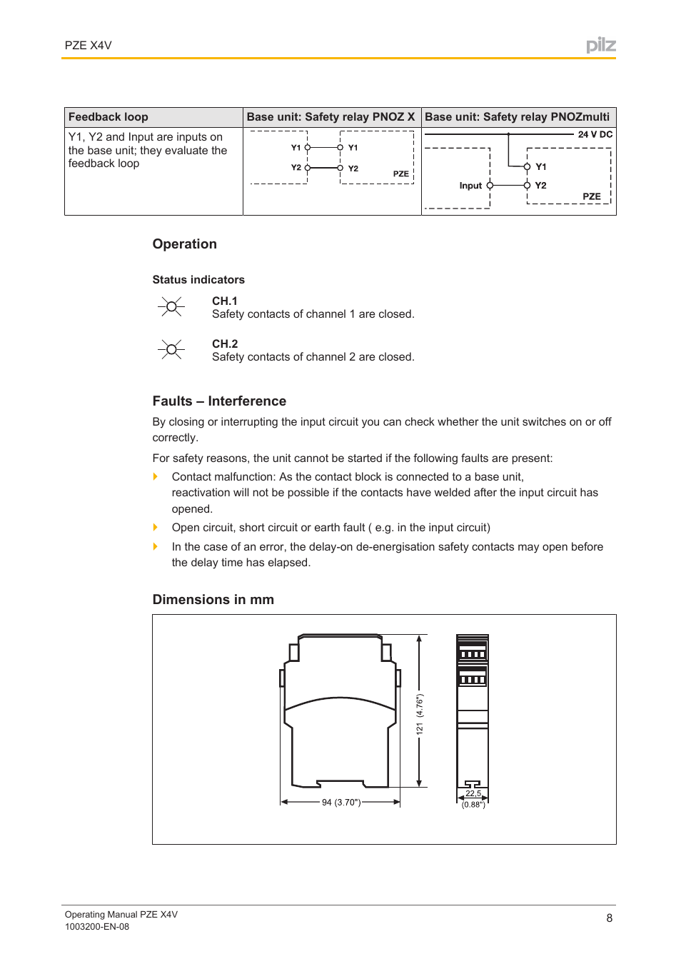 Operation, Status indicators, Faults – interference | Dimensions in mm | Pilz PZE X4V 0,5/24VDC 4n/o fix User Manual | Page 8 / 19