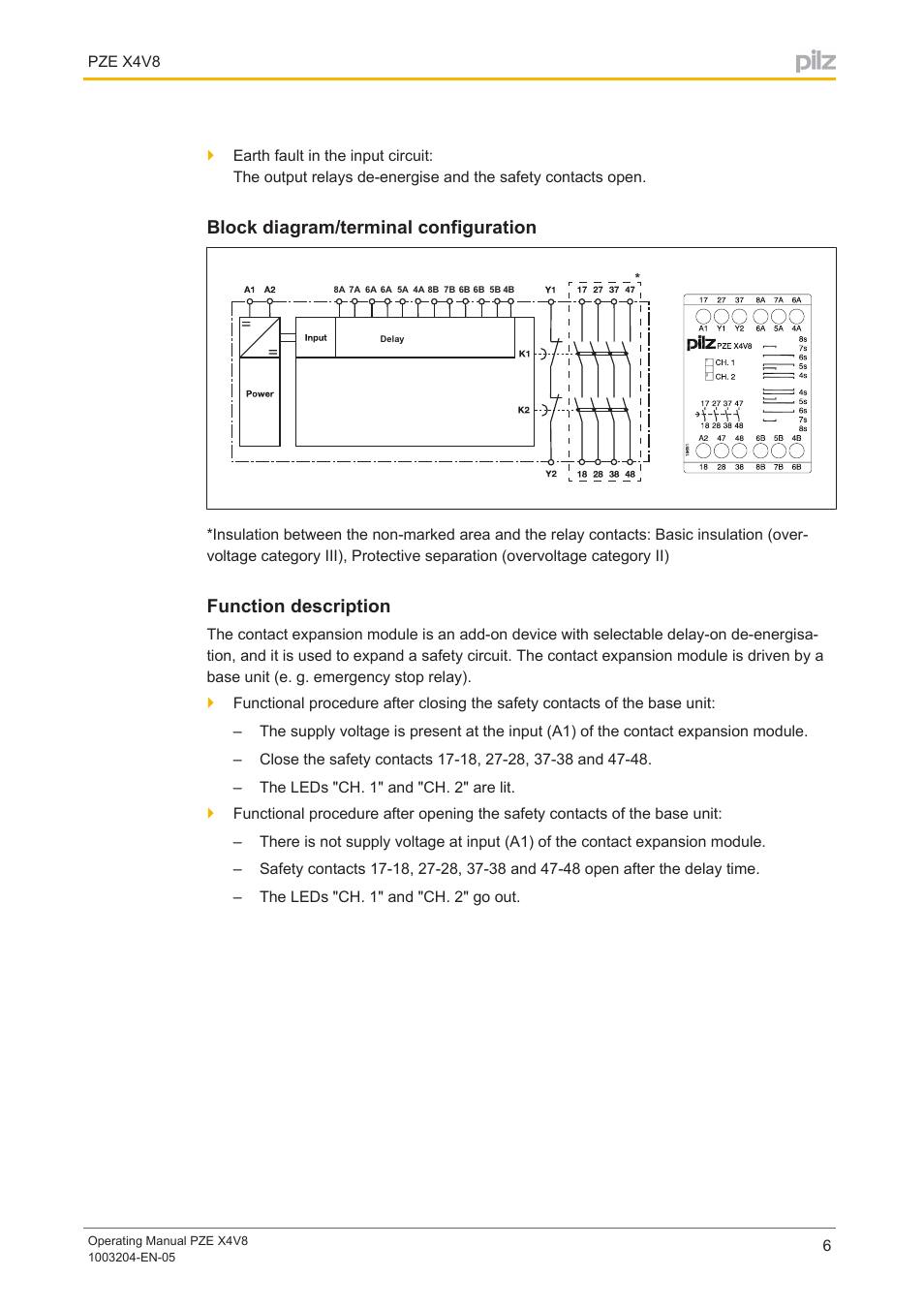 Block diagram/terminal configuration, Function description | Pilz PZE X4V 8/24VDC 4n/o User Manual | Page 6 / 15