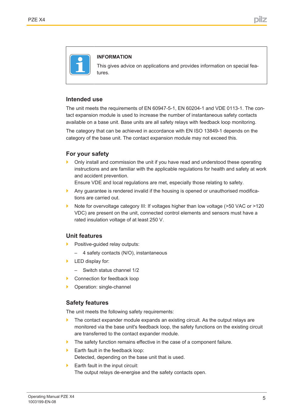 Intended use, For your safety, Unit features | Safety features | Pilz PZE X4 24VDC 4n/o User Manual | Page 5 / 15