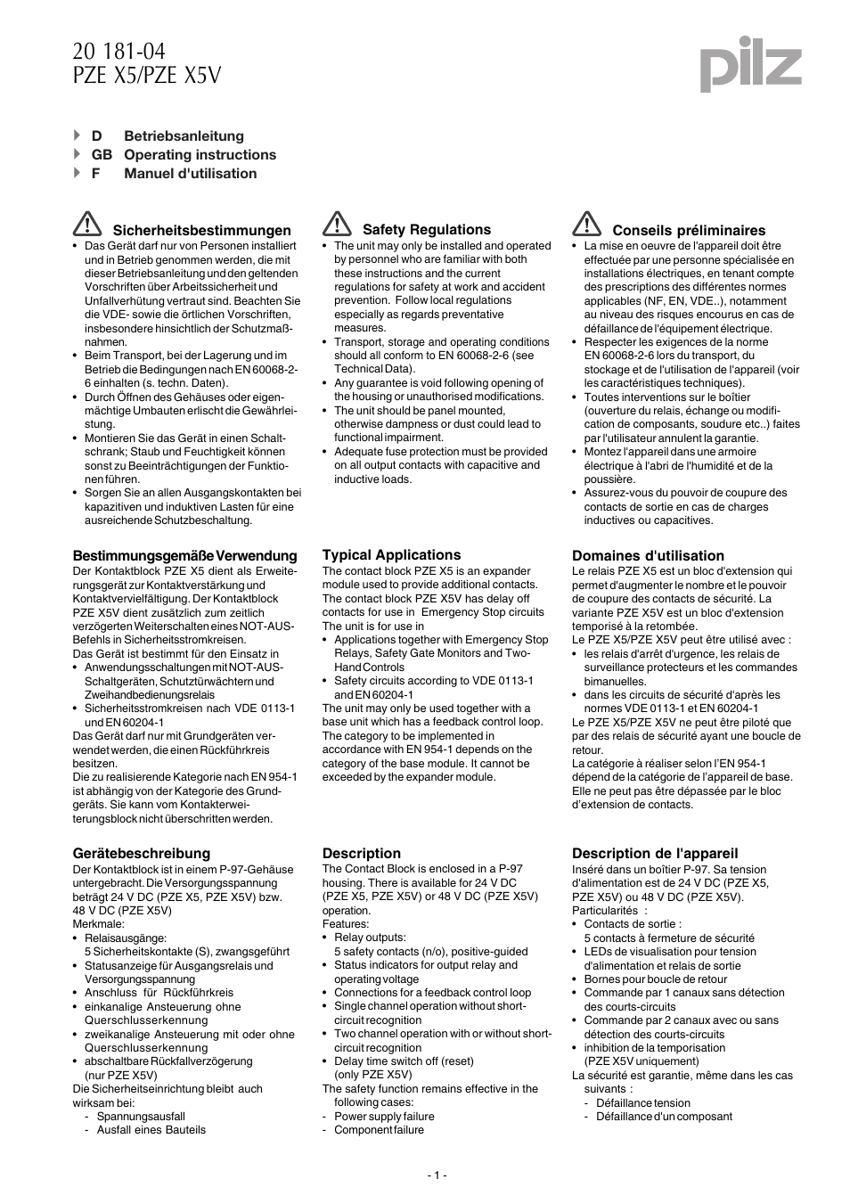 Pilz PZE X5V 1.5/24VDC 5n/o fix User Manual | 8 pages