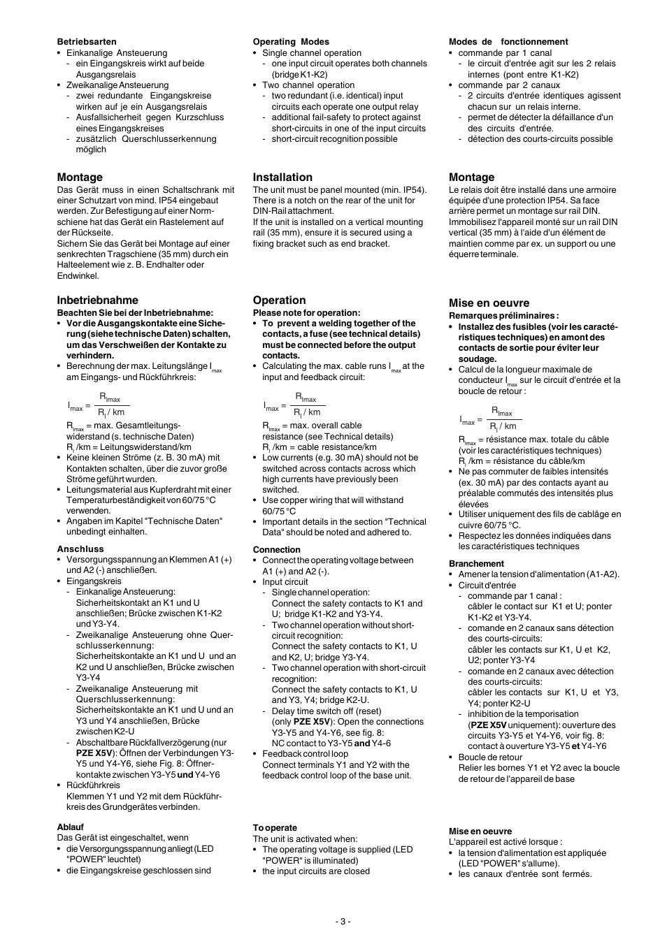 Montage, Mise en oeuvre, Installation | Operation, Inbetriebnahme | Pilz PZE X5V 1.5/24VDC 5n/o fix User Manual | Page 3 / 8