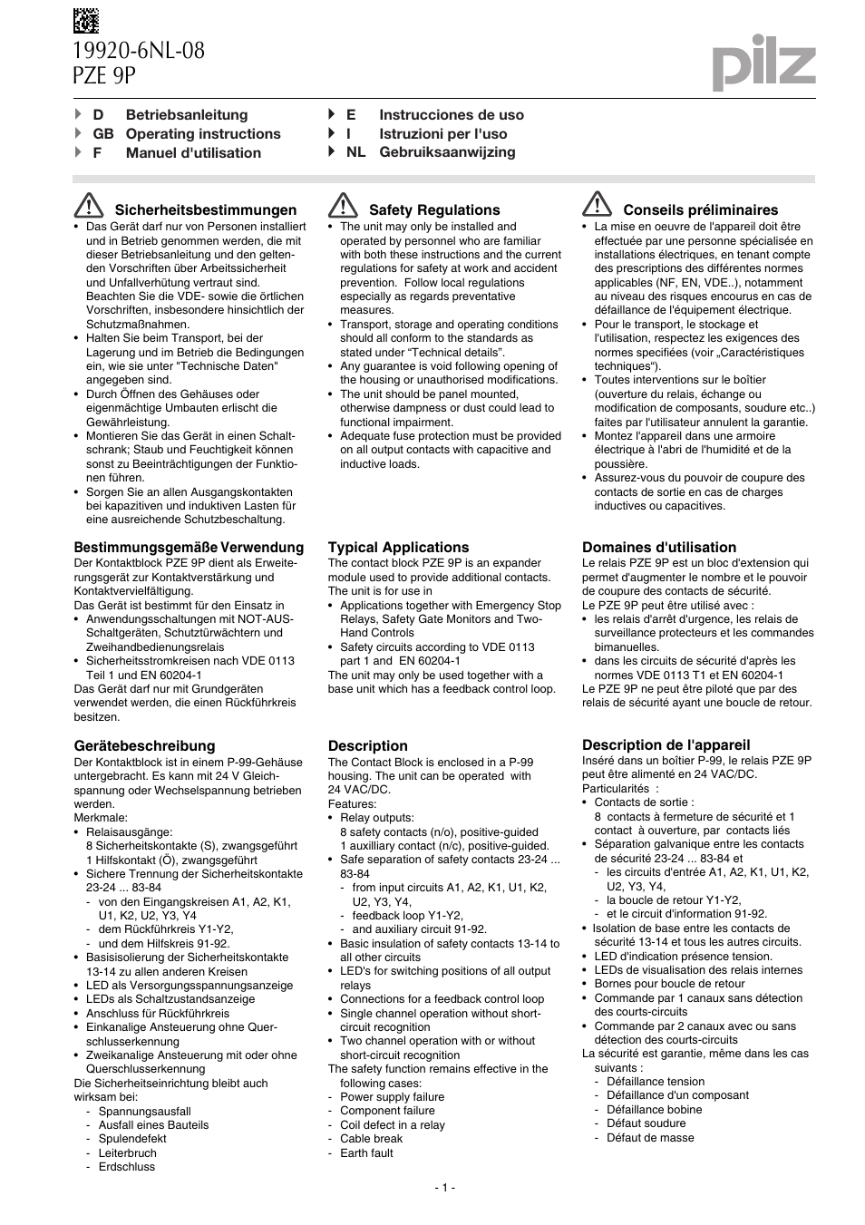 Pilz PZE 9P 24VACDC 8n/o 1n/c User Manual | 20 pages