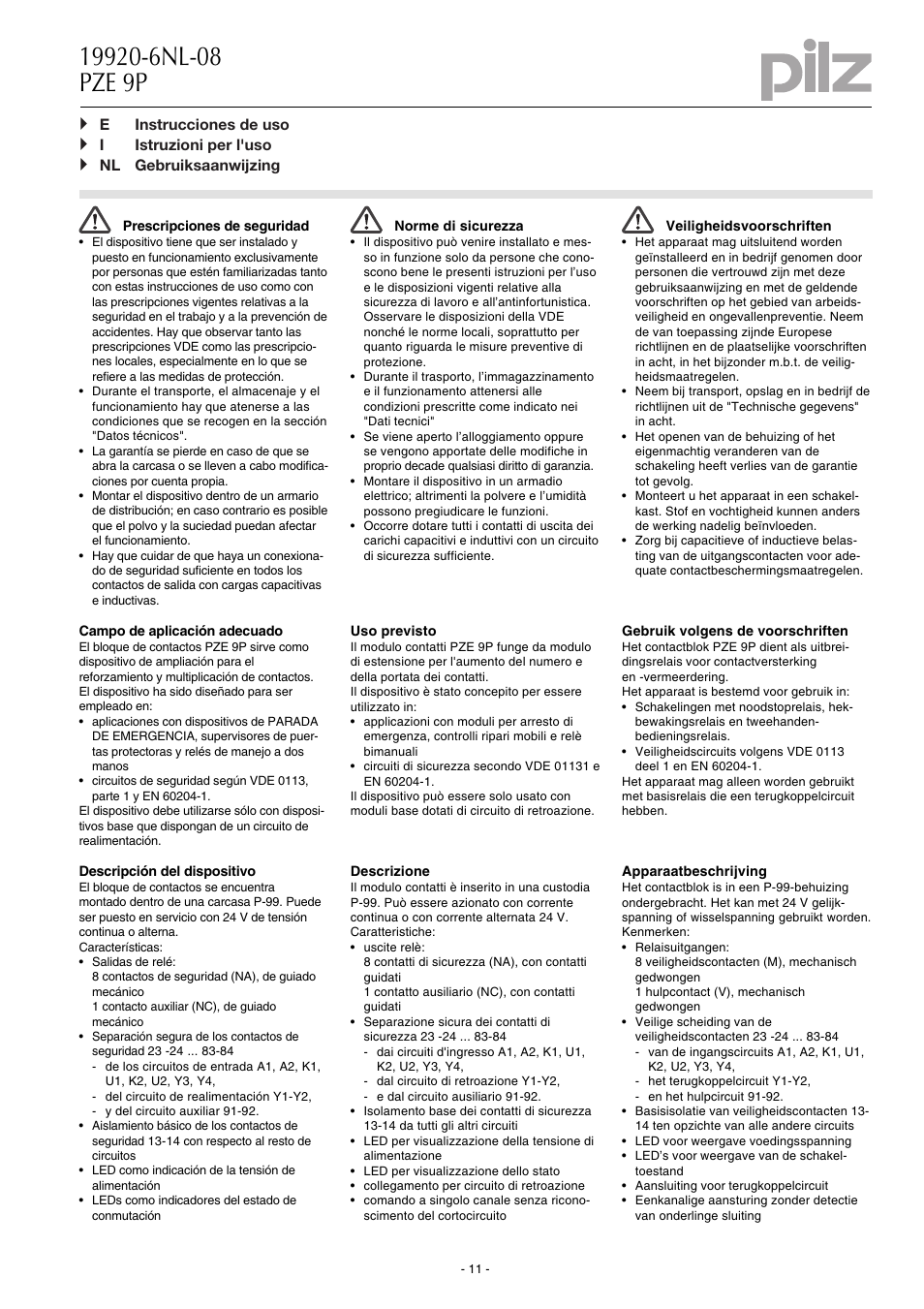 Pilz PZE 9P 24VACDC 8n/o 1n/c User Manual | Page 11 / 20