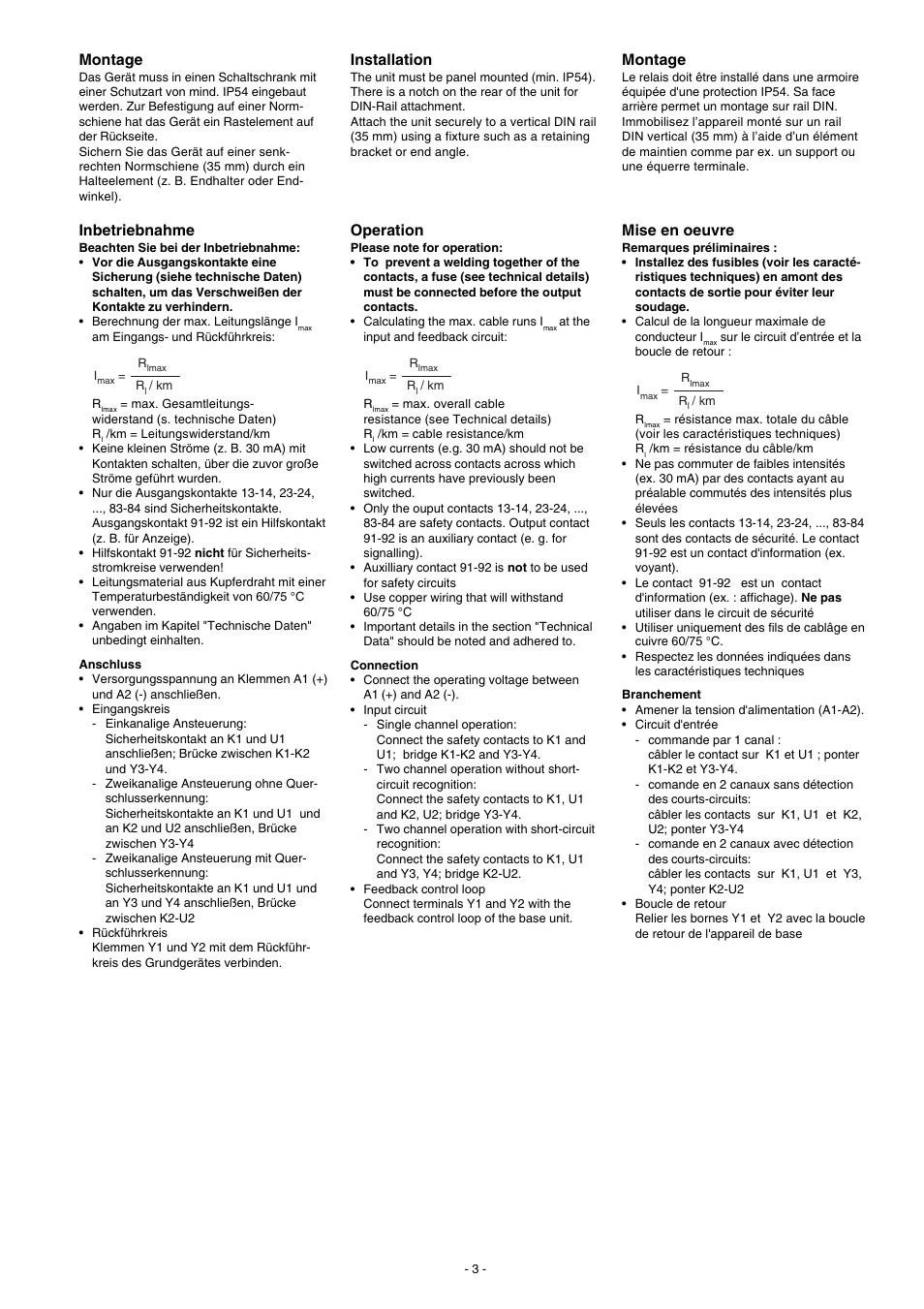 Montage, Mise en oeuvre, Installation | Operation, Inbetriebnahme | Pilz PZE 9P 24VACDC 8n/o 1n/c User Manual | Page 3 / 20