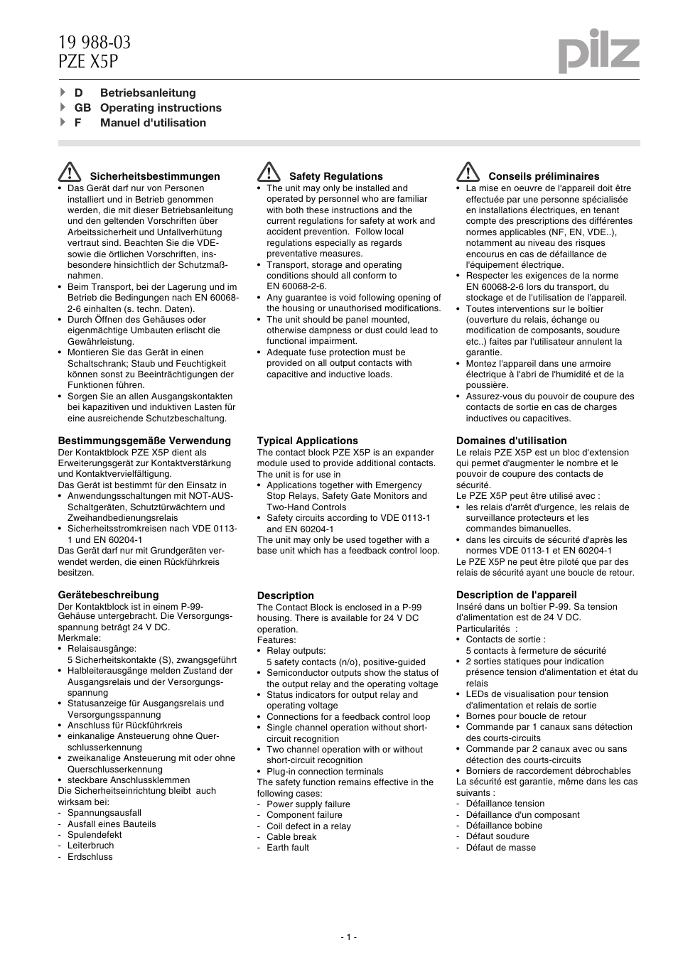 Pilz PZE X5P 24VDC 5n/o 2so User Manual | 8 pages