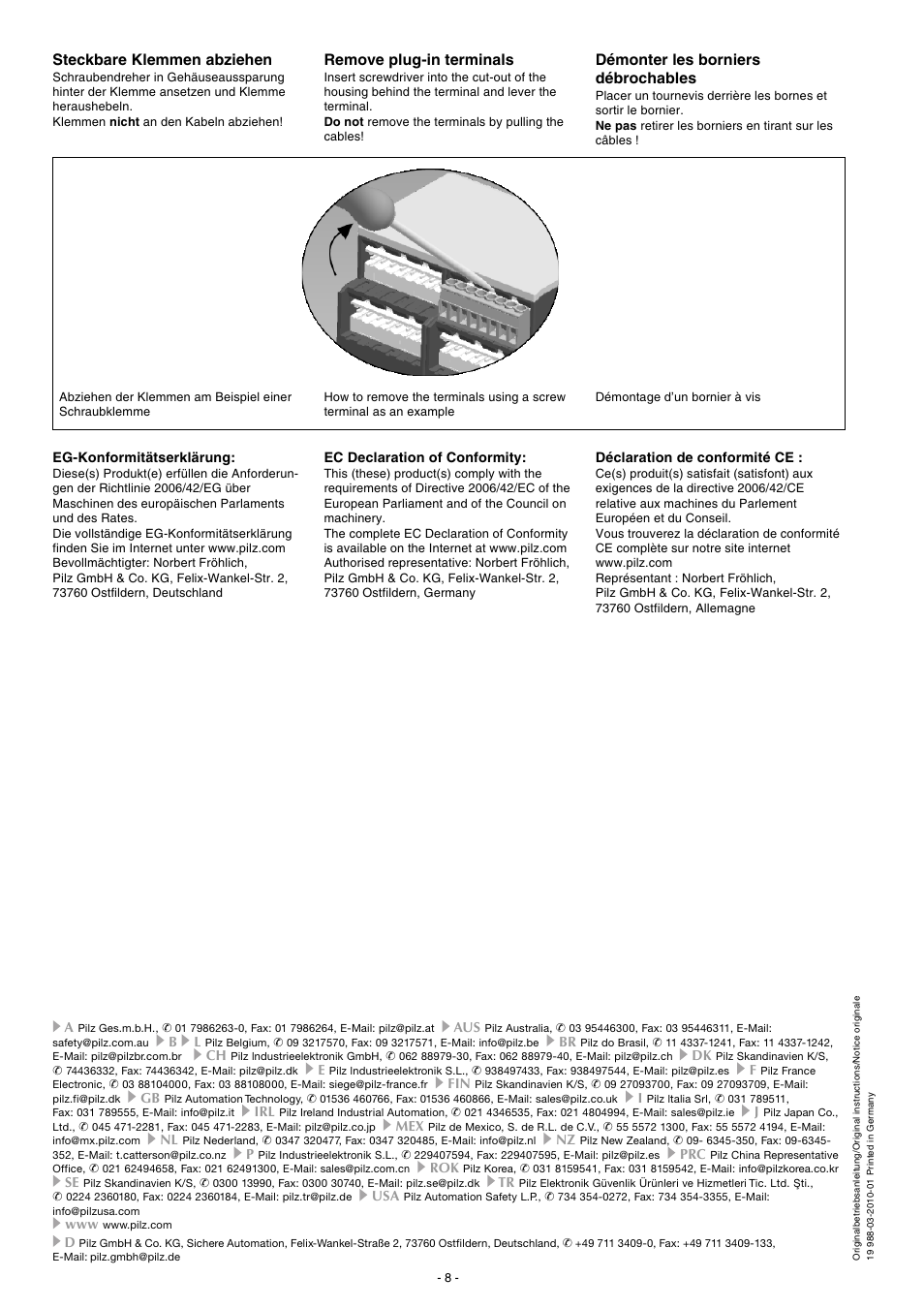 Steckbare klemmen abziehen, Remove plug-in terminals, Démonter les borniers débrochables | Pilz PZE X5P 24VDC 5n/o 2so User Manual | Page 8 / 8