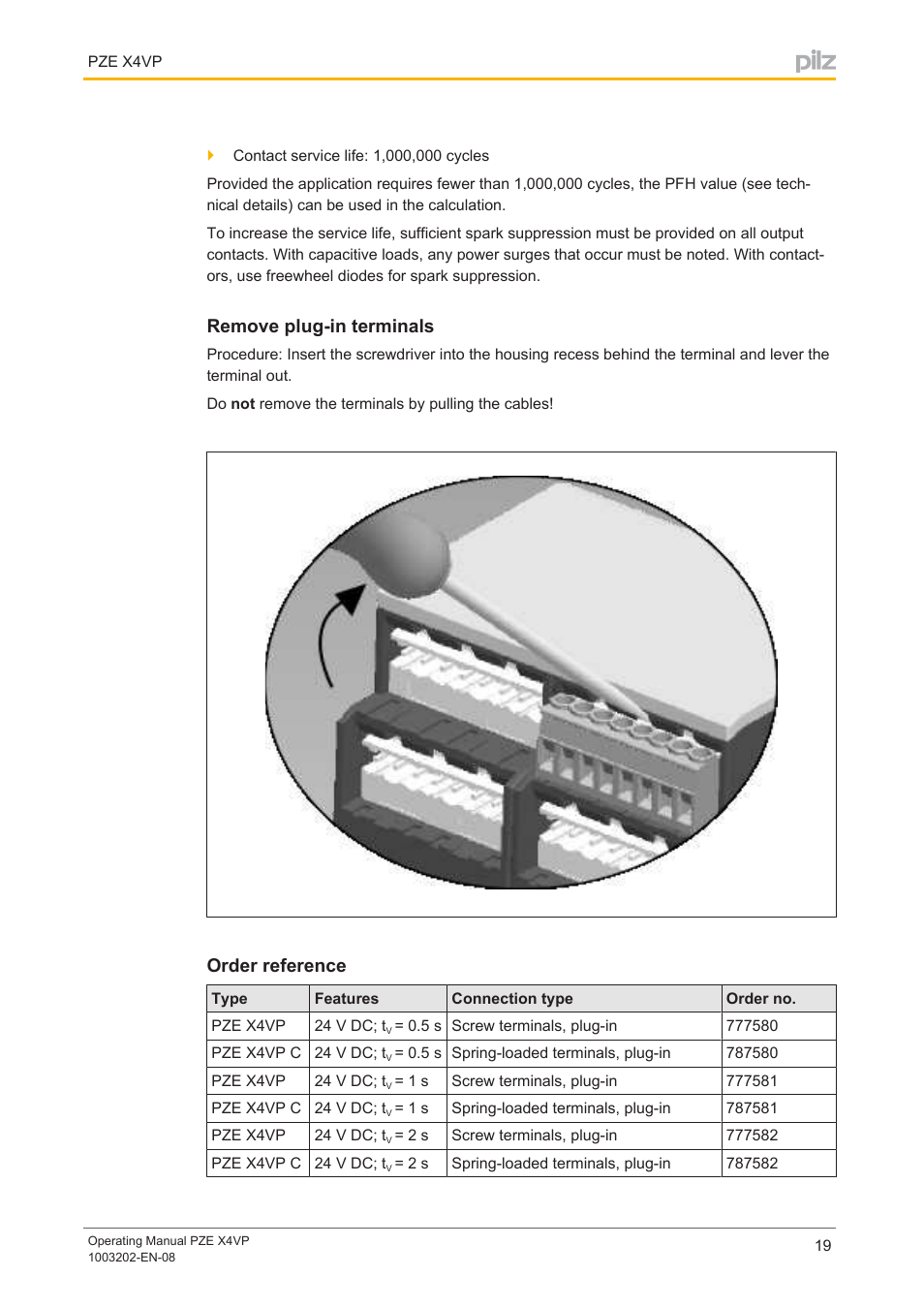 Remove plug-in terminals, Order reference, Remove plug­in terminals | Pilz PZE X4VP 0,5/24VDC 4n/o fix User Manual | Page 19 / 21