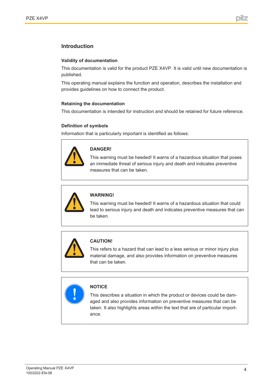 Introduction, Validity of documentation, Retaining the documentation | Definition of symbols | Pilz PZE X4VP 0,5/24VDC 4n/o fix User Manual | Page 4 / 21