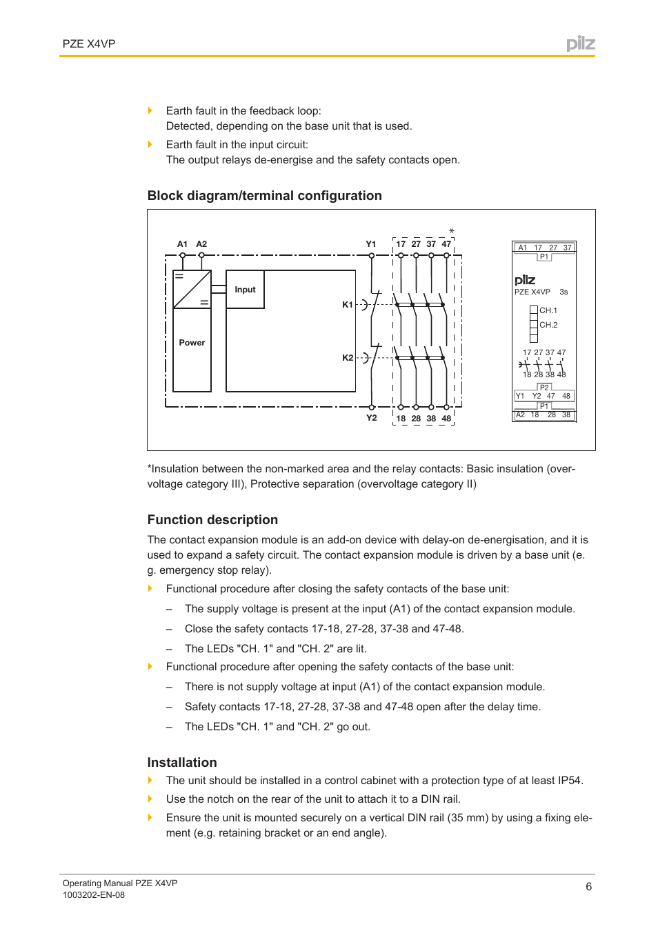 Block diagram/terminal configuration, Function description, Installation | Pilz PZE X4VP 0,5/24VDC 4n/o fix User Manual | Page 6 / 21