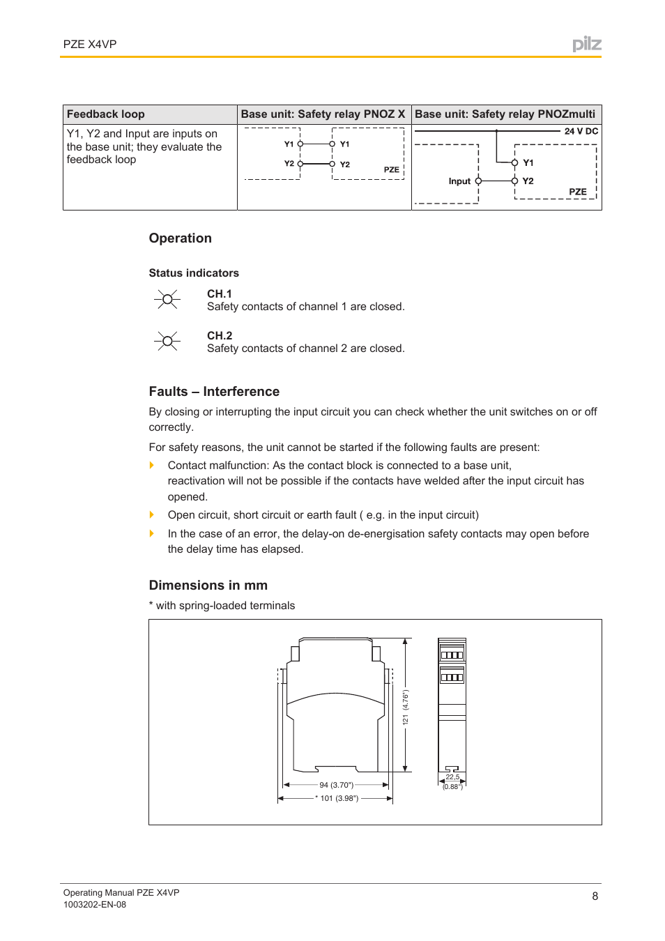 Operation, Status indicators, Faults – interference | Dimensions in mm | Pilz PZE X4VP 0,5/24VDC 4n/o fix User Manual | Page 8 / 21