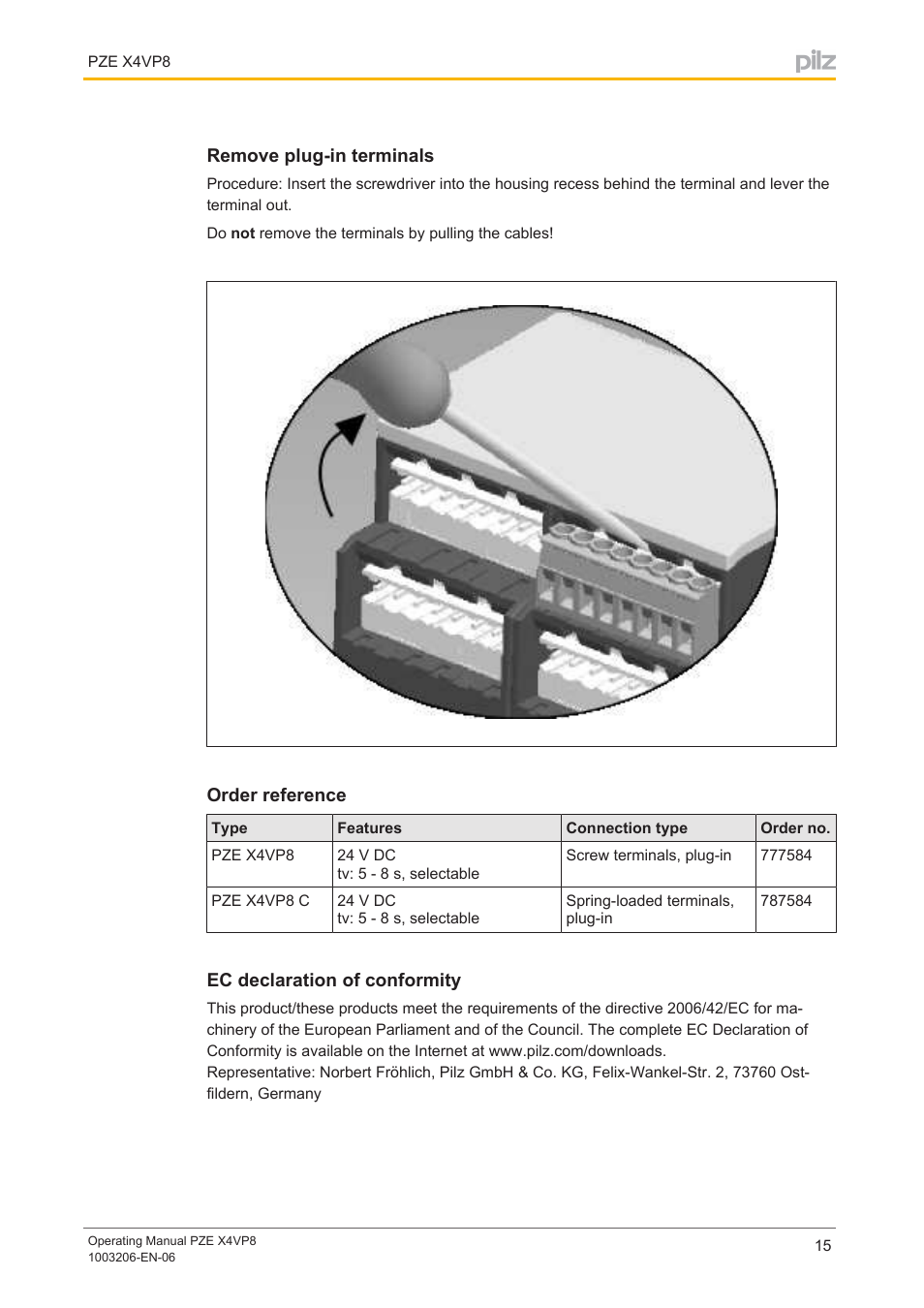 Remove plug-in terminals, Order reference, Ec declaration of conformity | Remove plug­in terminals | Pilz PZE X4VP8 24VDC 4n/o User Manual | Page 15 / 16