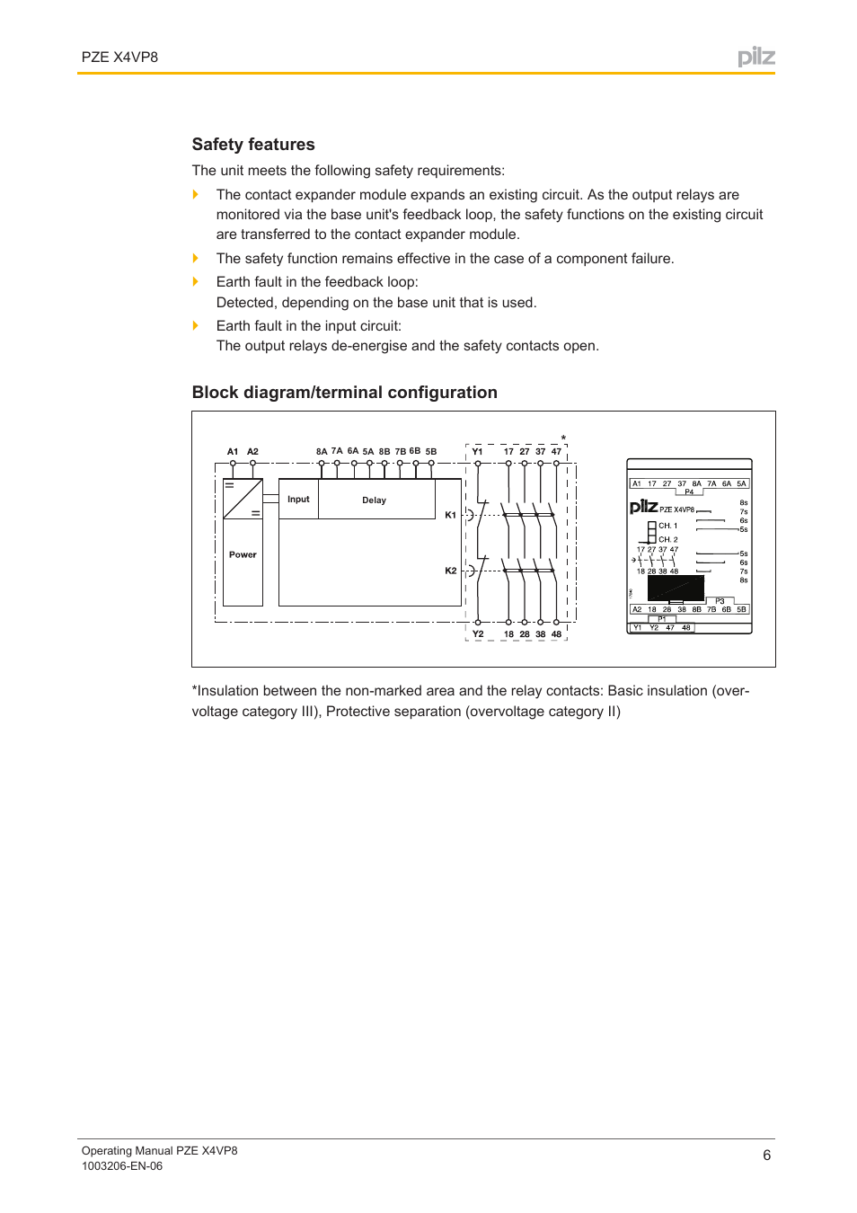 Safety features, Block diagram/terminal configuration | Pilz PZE X4VP8 24VDC 4n/o User Manual | Page 6 / 16