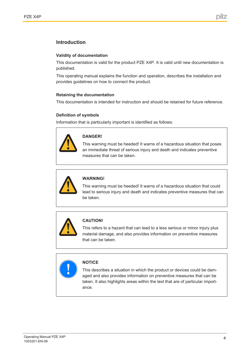 Introduction, Validity of documentation, Retaining the documentation | Definition of symbols | Pilz PZE X4P 24VDC 4n/o User Manual | Page 4 / 16