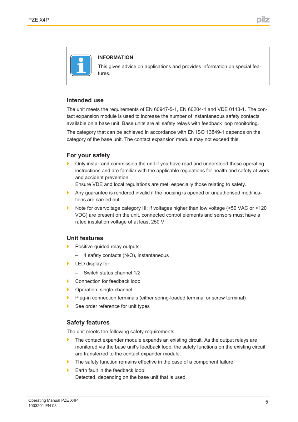 Intended use, For your safety, Unit features | Safety features | Pilz PZE X4P 24VDC 4n/o User Manual | Page 5 / 16