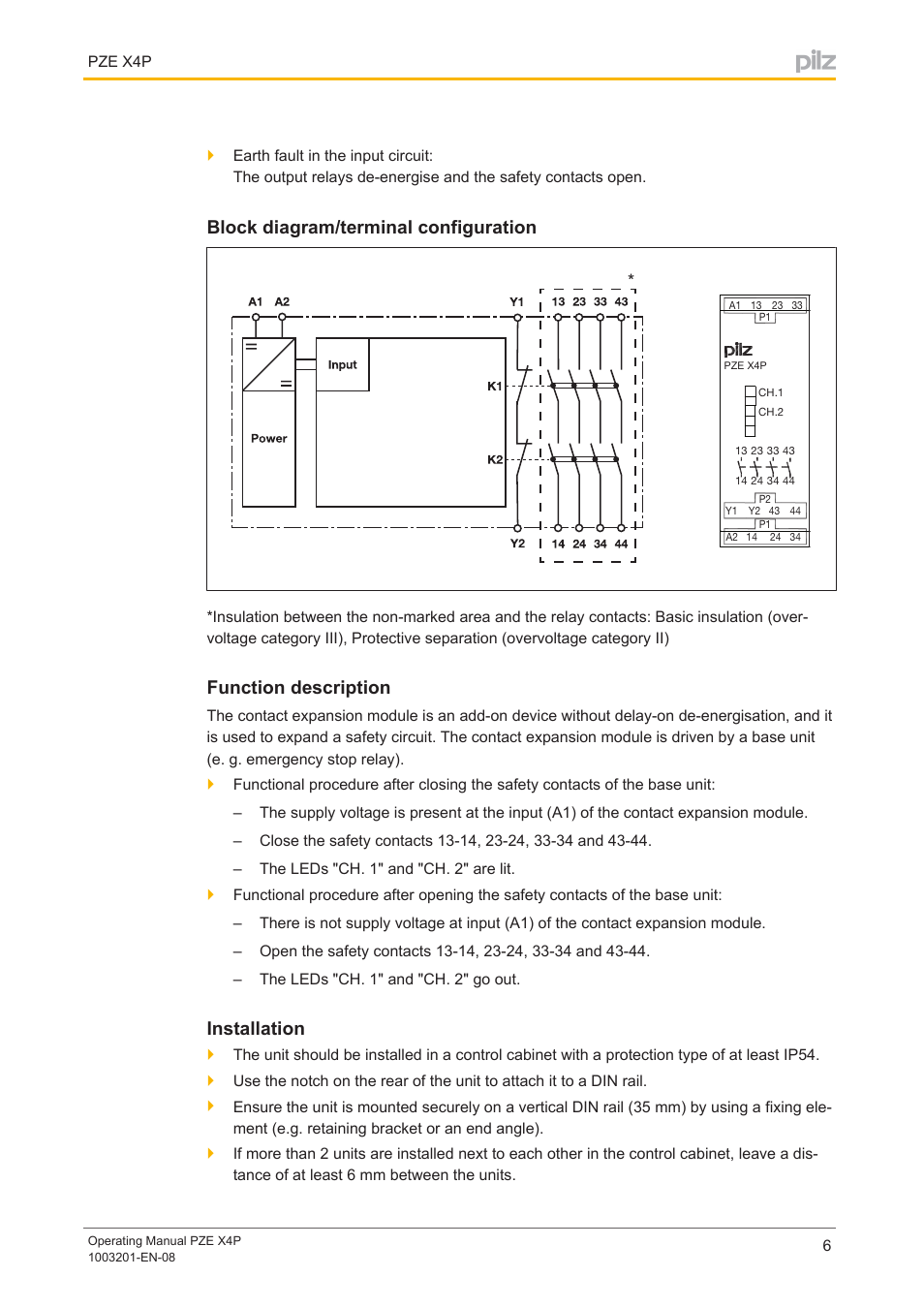 Block diagram/terminal configuration, Function description, Installation | Pilz PZE X4P 24VDC 4n/o User Manual | Page 6 / 16