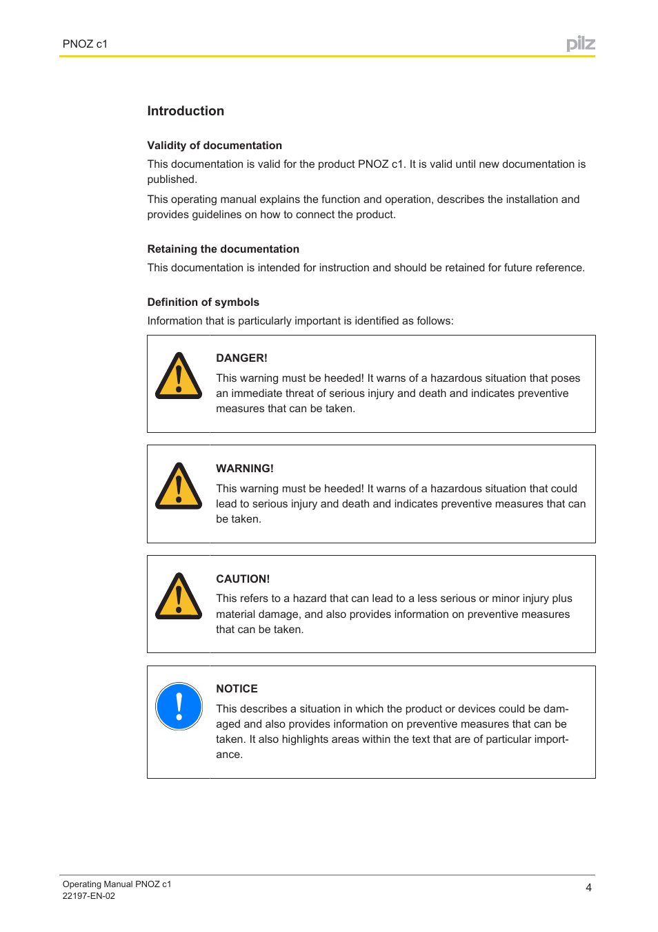Introduction, Validity of documentation, Retaining the documentation | Definition of symbols | Pilz PNOZ c1 24VDC 3n/o 1n/c User Manual | Page 4 / 15