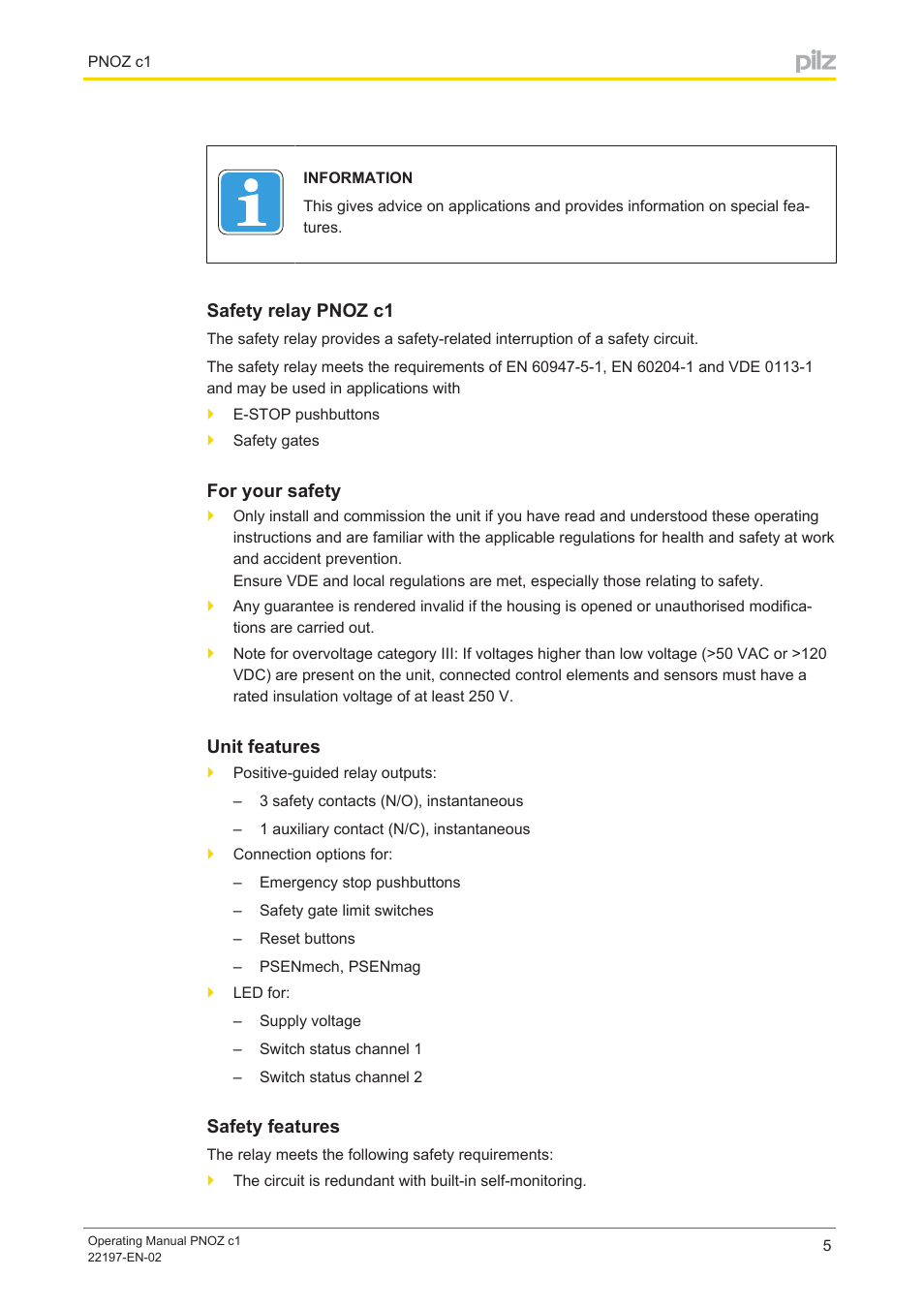Safety relay pnoz c1, For your safety, Unit features | Safety features | Pilz PNOZ c1 24VDC 3n/o 1n/c User Manual | Page 5 / 15