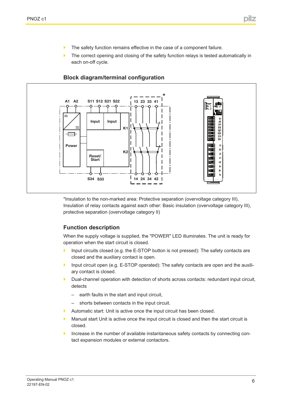 Block diagram/terminal configuration, Function description | Pilz PNOZ c1 24VDC 3n/o 1n/c User Manual | Page 6 / 15