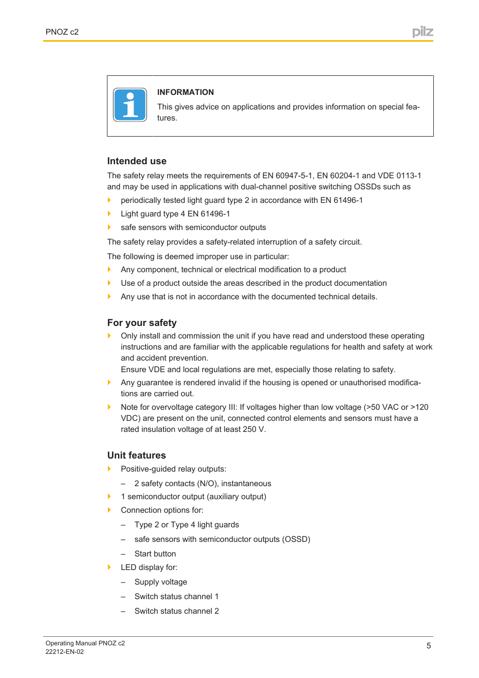 Intended use, For your safety, Unit features | Pilz PNOZ c2 24VDC 2n/o User Manual | Page 5 / 15