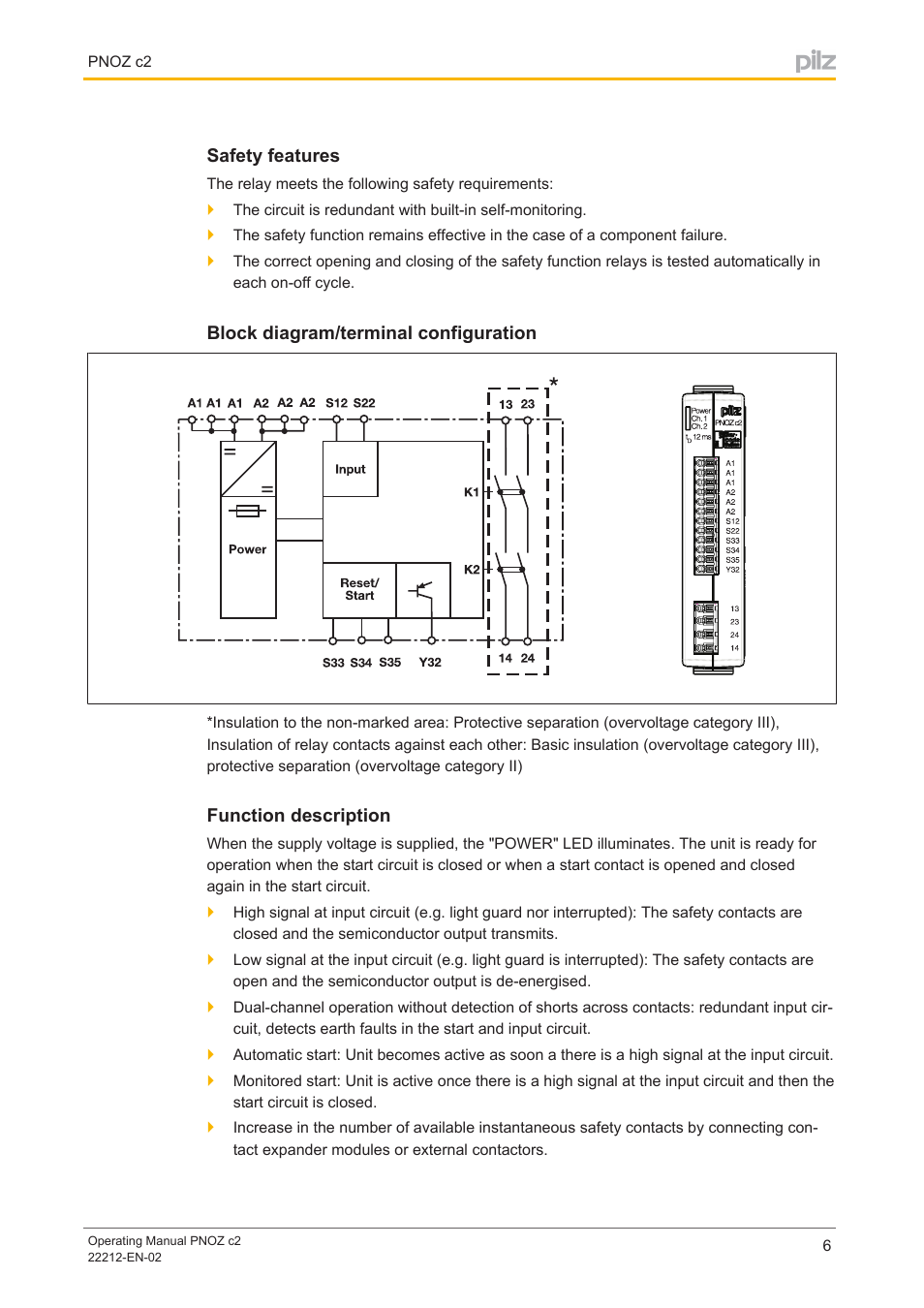 Safety features, Block diagram/terminal configuration, Function description | Pilz PNOZ c2 24VDC 2n/o User Manual | Page 6 / 15