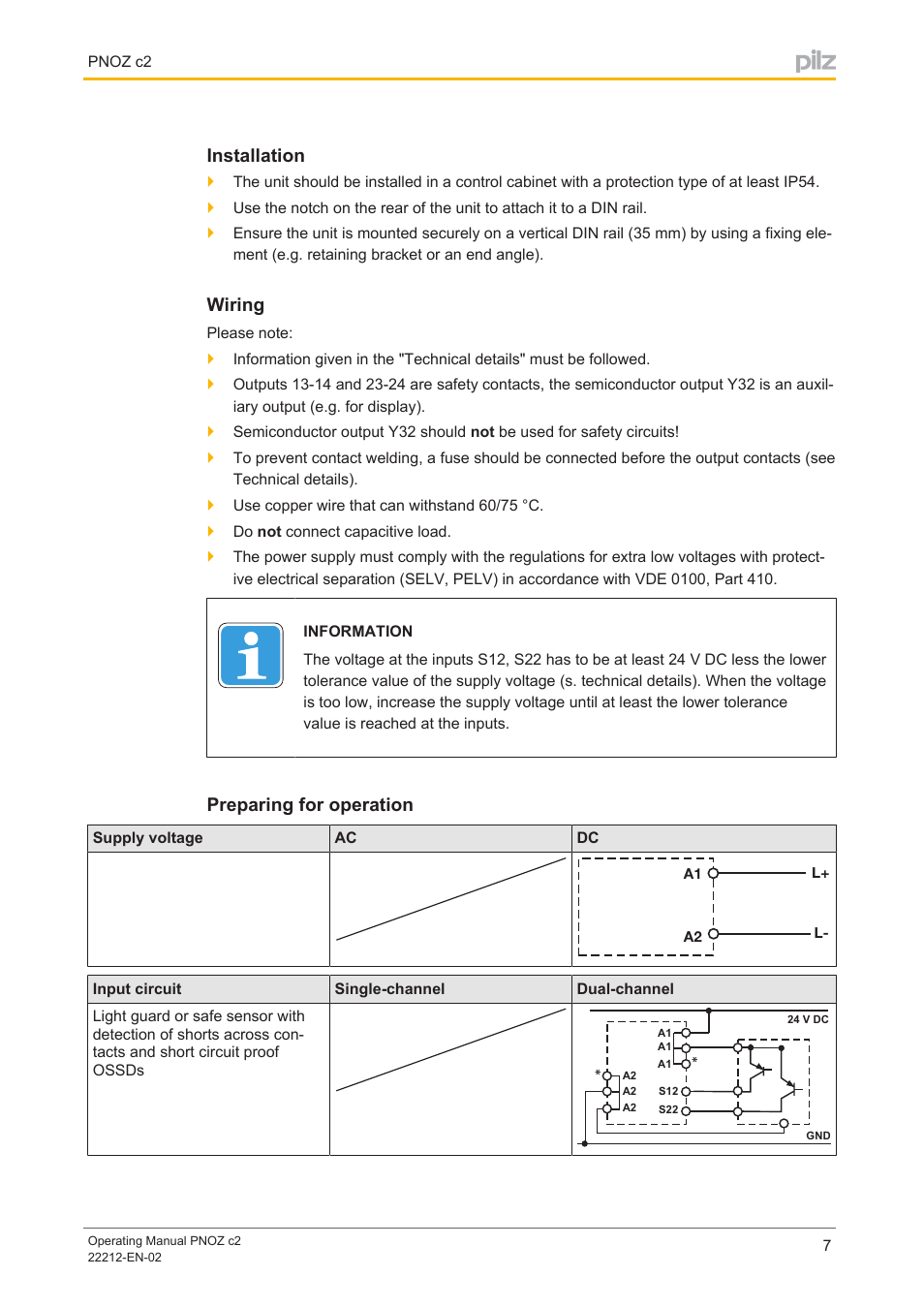 Installation, Wiring, Preparing for operation | Pilz PNOZ c2 24VDC 2n/o User Manual | Page 7 / 15