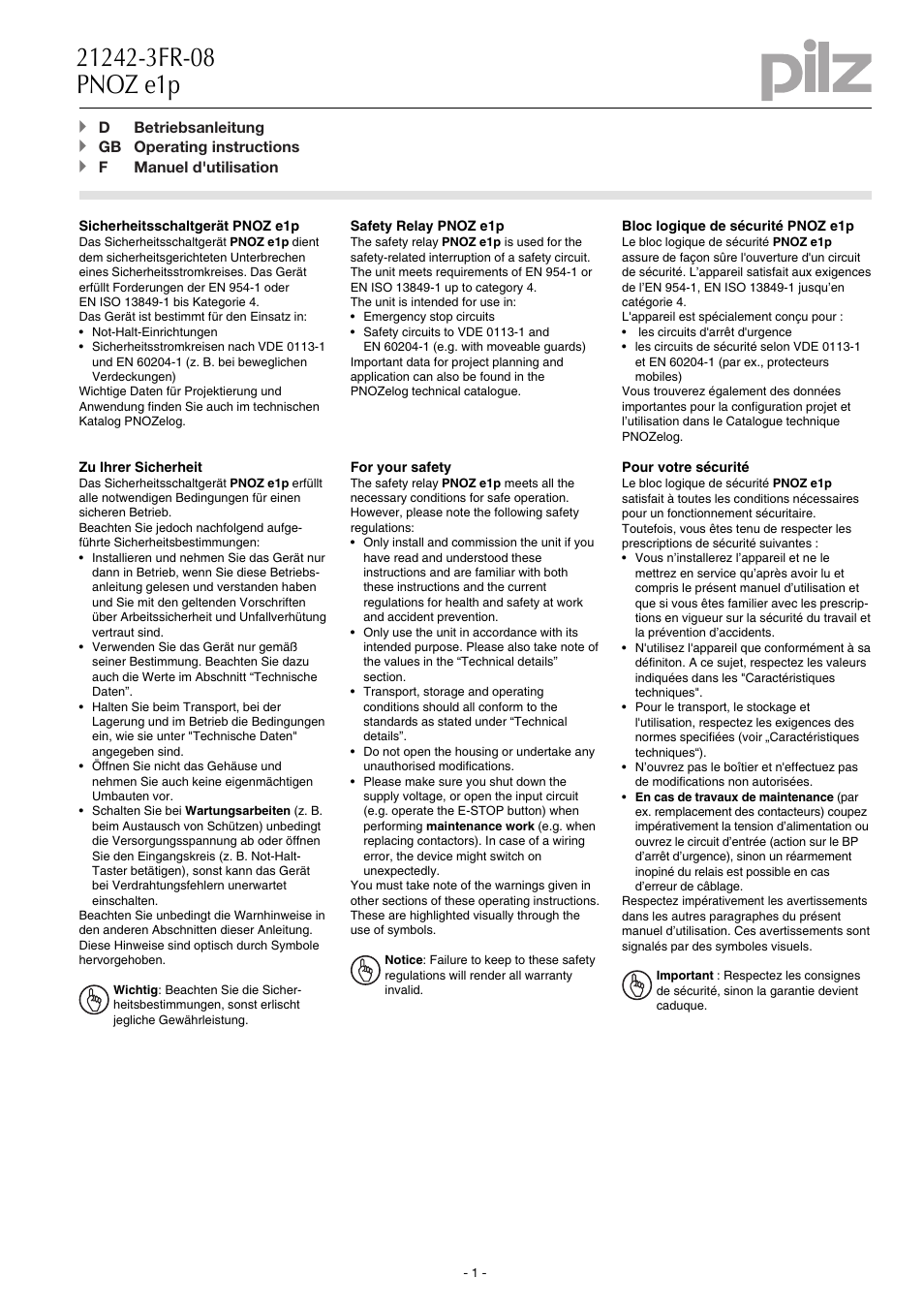 Pilz PNOZ e1p 24VDC 2so User Manual | 12 pages