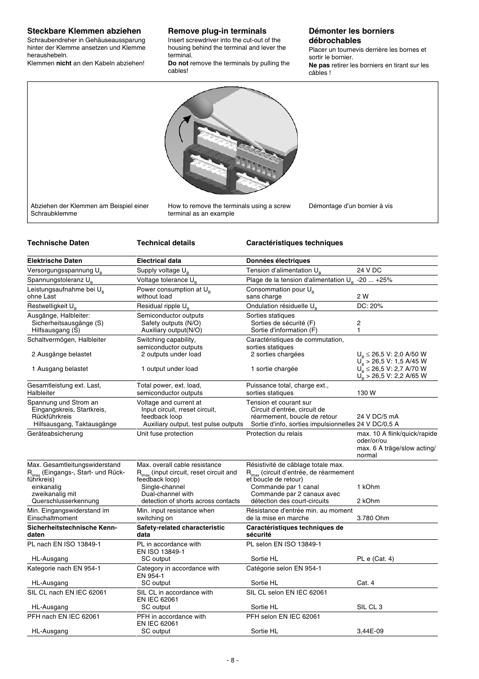 Steckbare klemmen abziehen, Remove plug-in terminals, Démonter les borniers débrochables | Pilz PNOZ e1p 24VDC 2so User Manual | Page 8 / 12