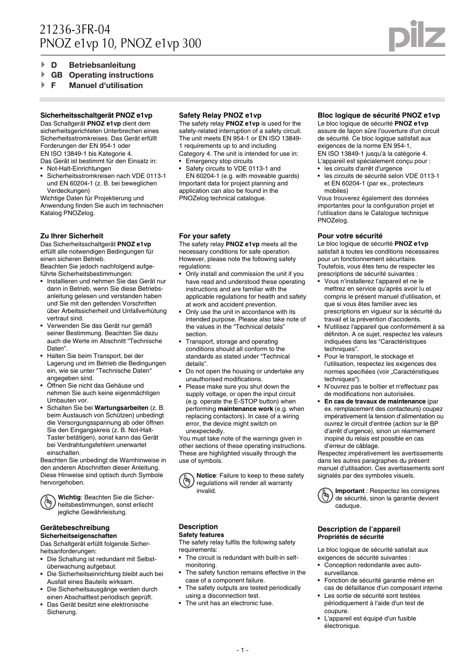 Pilz PNOZ e1vp 10/24VDC 1so 1so t User Manual | 12 pages