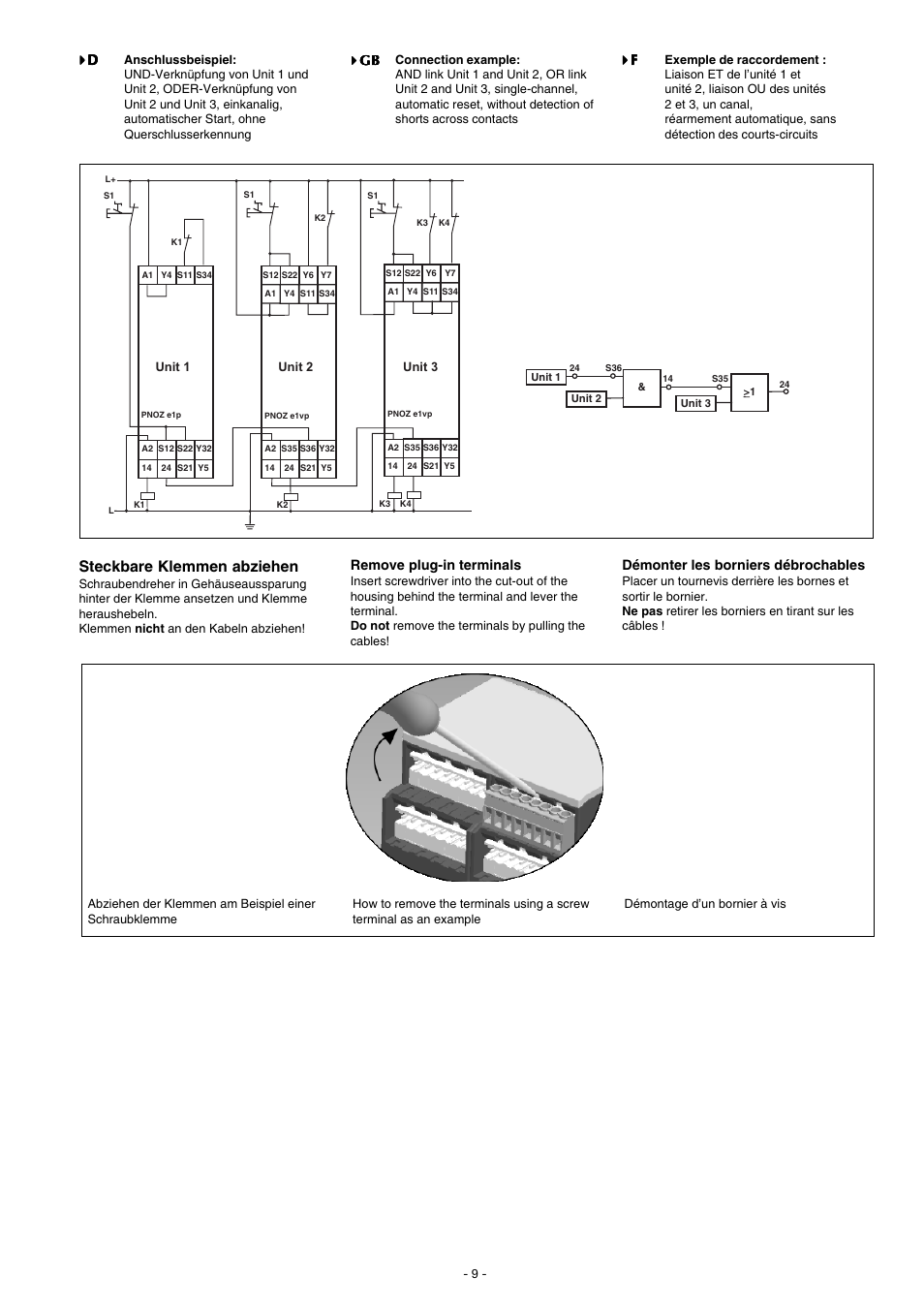 Steckbare klemmen abziehen | Pilz PNOZ e1vp 10/24VDC 1so 1so t User Manual | Page 9 / 12