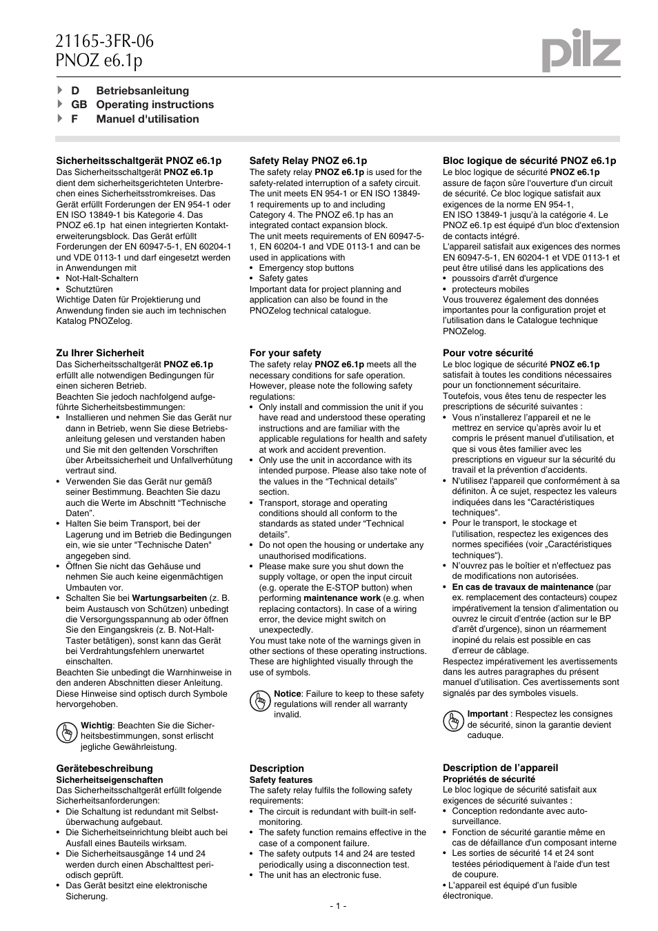 Pilz PNOZ e6.1p 24VDC 4n/o 2so User Manual | 12 pages