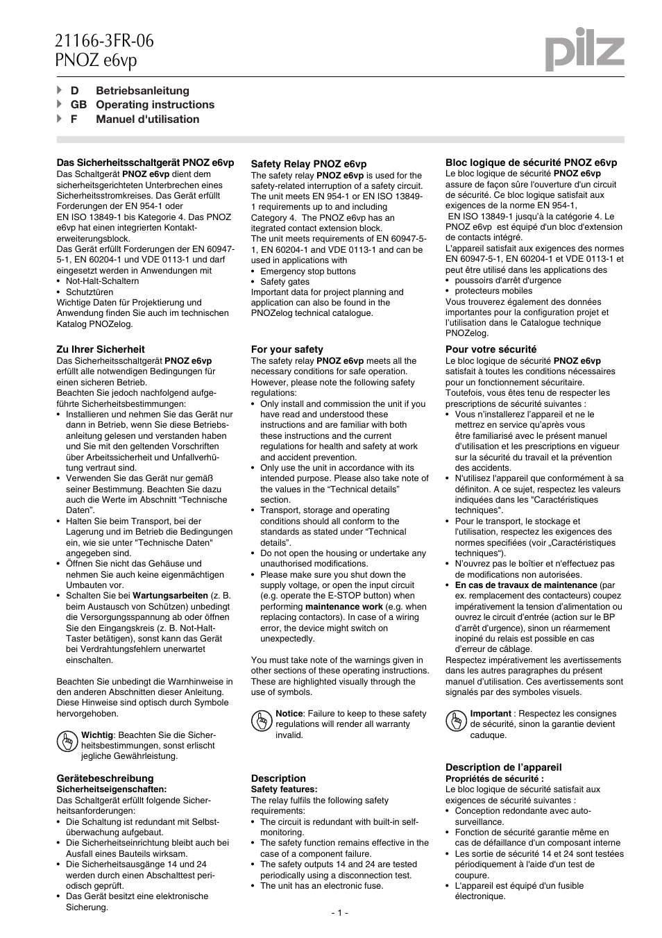 Pilz PNOZ e6vp 24VDC 4n/o 1so 1so t User Manual | 14 pages