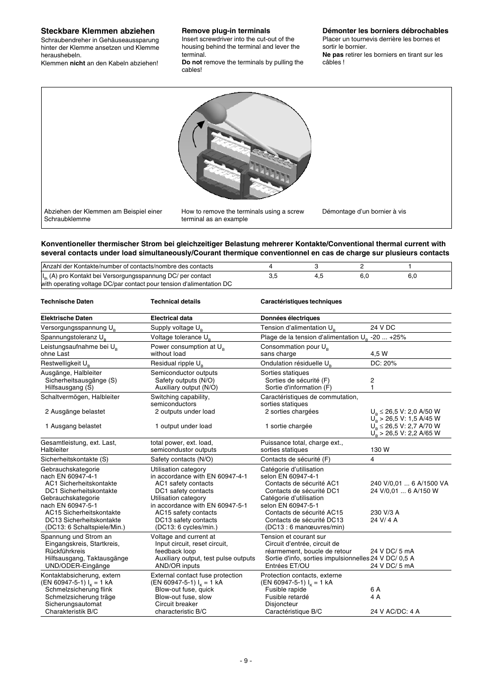 Steckbare klemmen abziehen | Pilz PNOZ e6vp 24VDC 4n/o 1so 1so t User Manual | Page 9 / 14