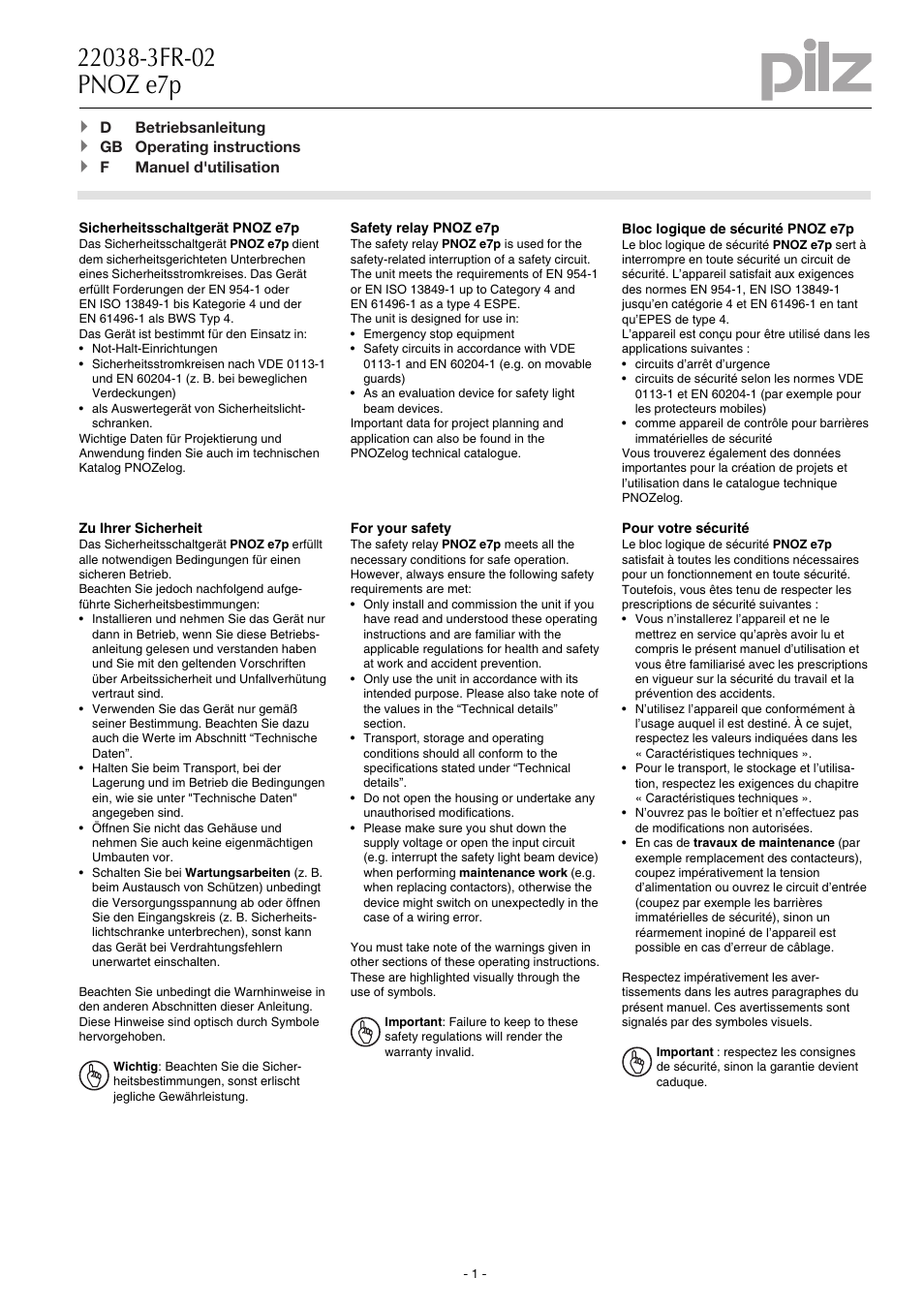 Pilz PNOZ e7p 24VDC 2 so User Manual | 12 pages