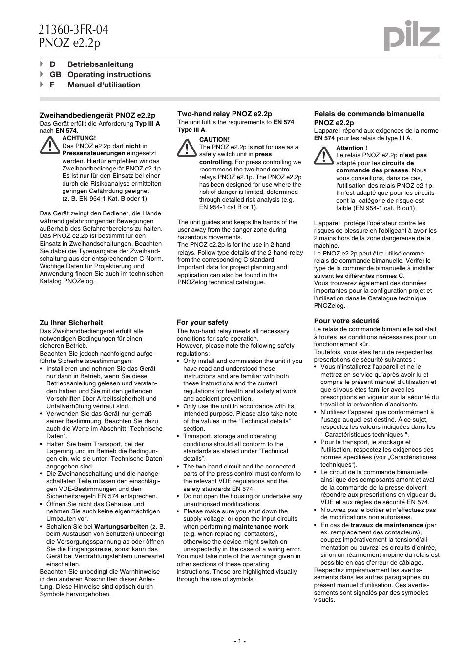 Pilz PNOZ e2.2p 24VDC 2so User Manual | 12 pages