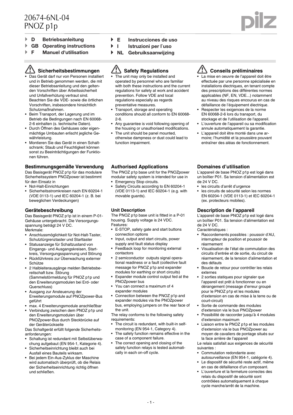 Pilz PNOZ p1p 24VDC 2so User Manual | 16 pages