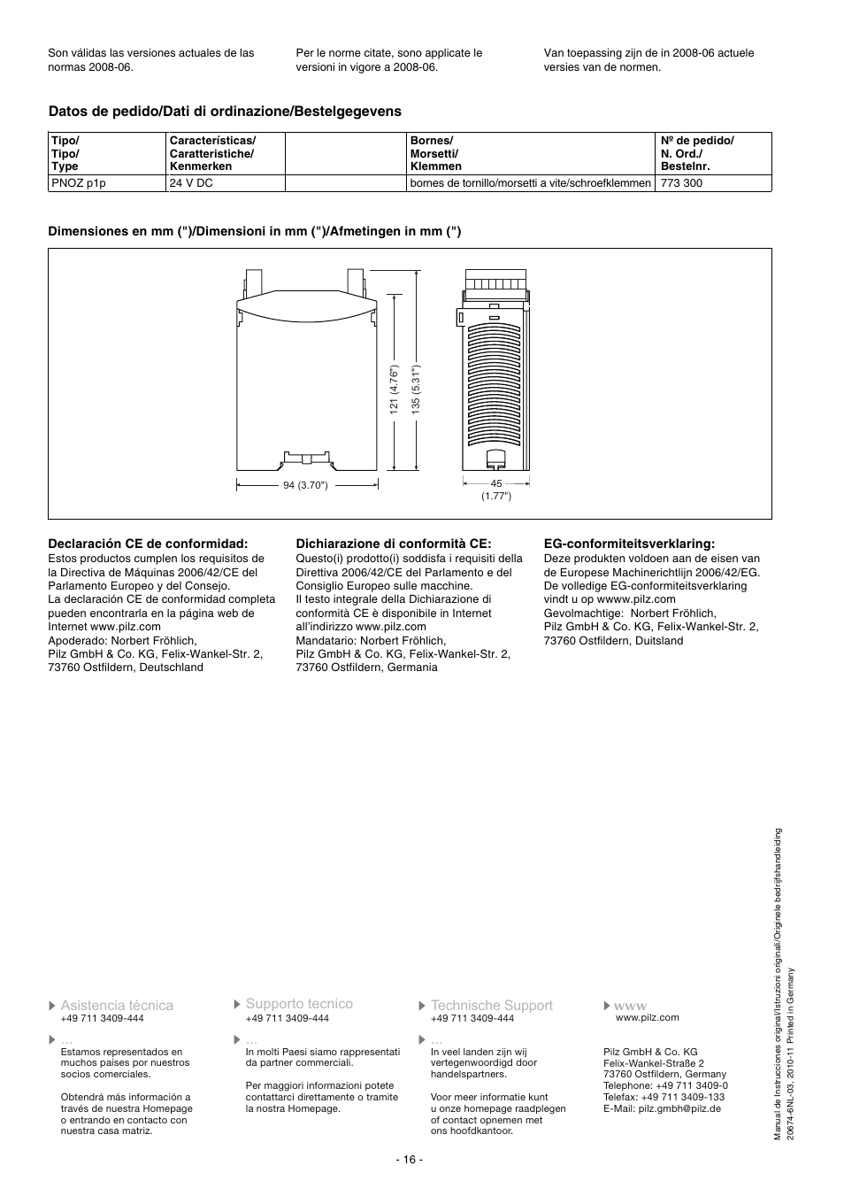 Datos de pedido/dati di ordinazione/bestelgegevens | Pilz PNOZ p1p 24VDC 2so User Manual | Page 16 / 16