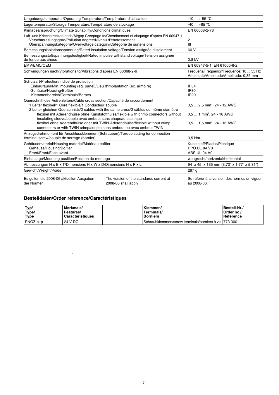 Bestelldaten/order reference/caractéristiques | Pilz PNOZ p1p 24VDC 2so User Manual | Page 7 / 16