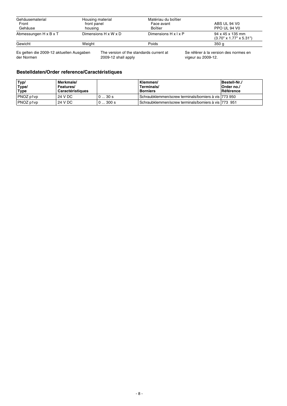 Bestelldaten/order reference/caractéristiques | Pilz PNOZ p1vp 30s User Manual | Page 8 / 10