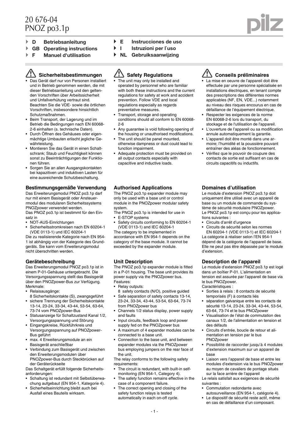 Pilz PNOZ po3.1p 8n/o User Manual | 12 pages