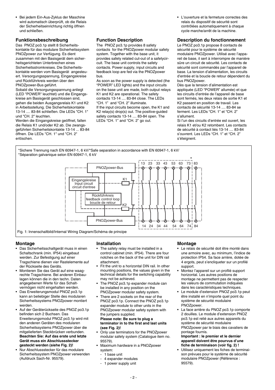 Funktionsbeschreibung, Montage, Function description | Installation, Description du fonctionnement | Pilz PNOZ po3.1p 8n/o User Manual | Page 2 / 12