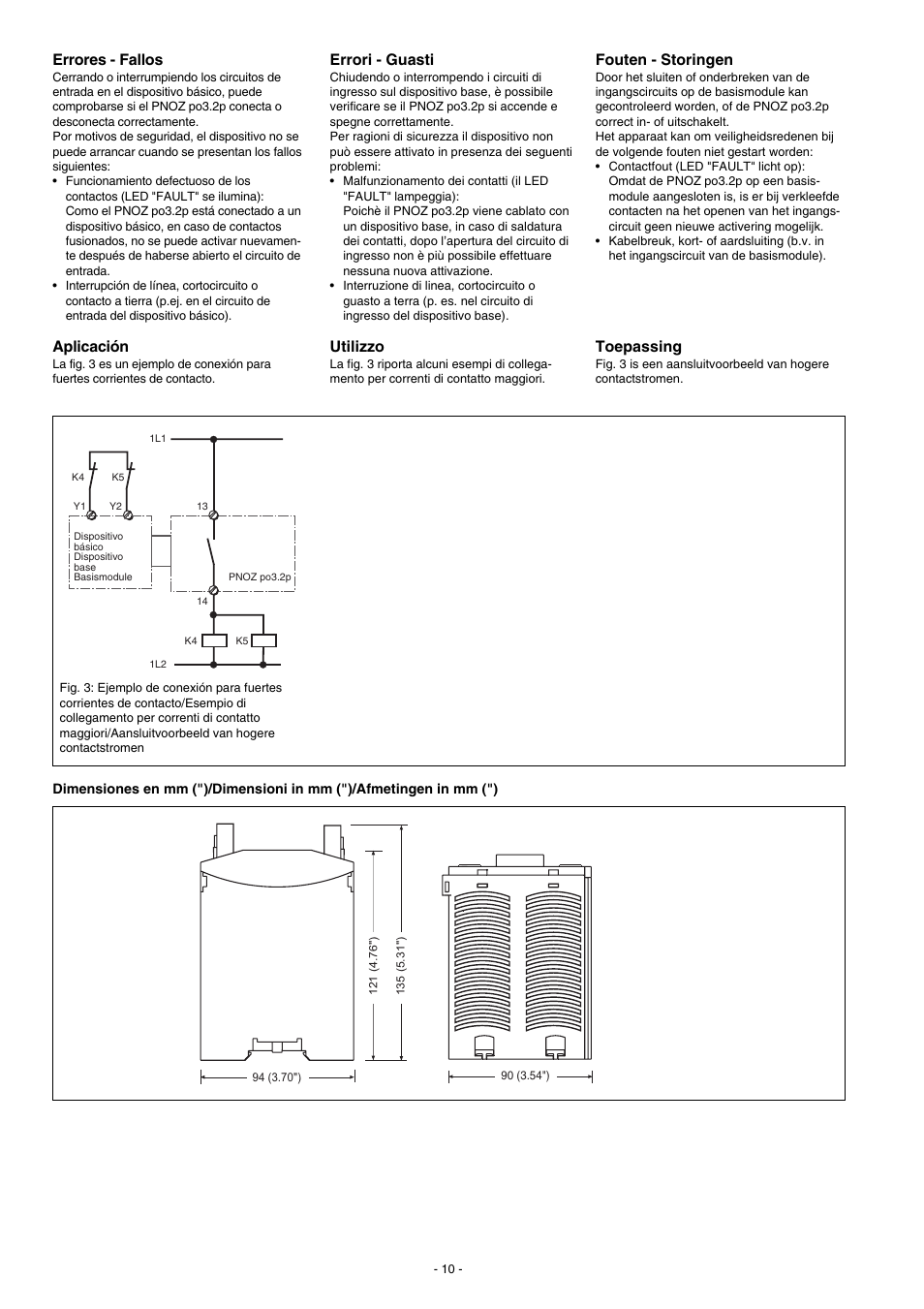 Errores - fallos, Aplicación, Fouten - storingen | Toepassing, Errori - guasti, Utilizzo | Pilz PNOZ po3.2p 4n/o User Manual | Page 10 / 12