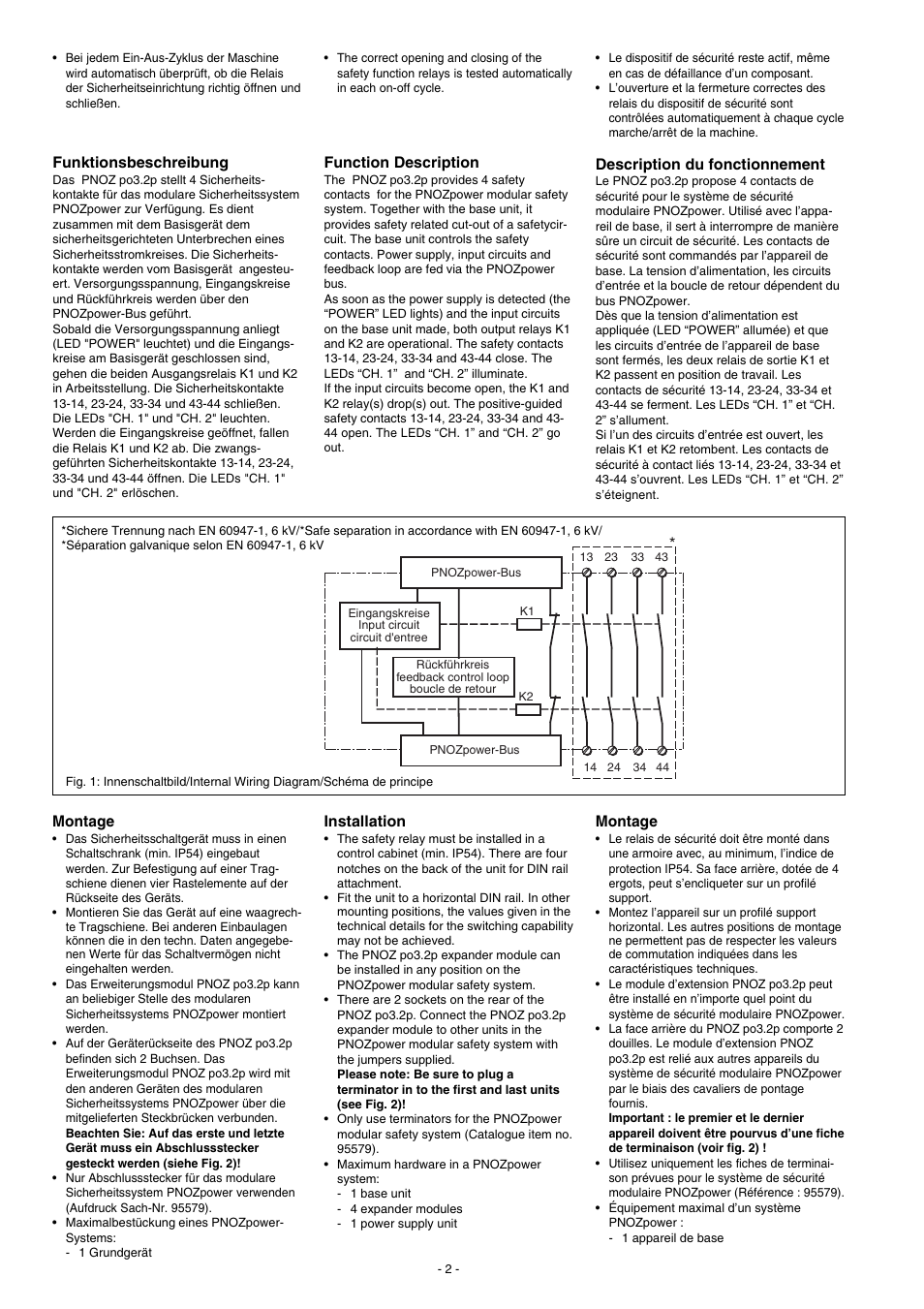 Funktionsbeschreibung, Montage, Function description | Installation, Description du fonctionnement | Pilz PNOZ po3.2p 4n/o User Manual | Page 2 / 12