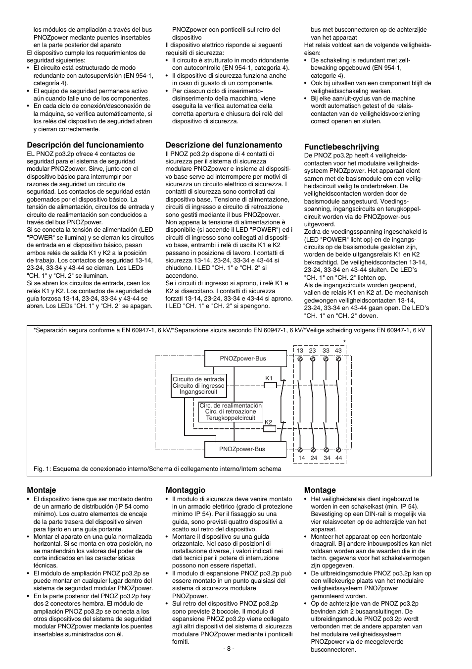 Descripción del funcionamiento, Montaje, Functiebeschrijving | Montage, Descrizione del funzionamento, Montaggio | Pilz PNOZ po3.2p 4n/o User Manual | Page 8 / 12