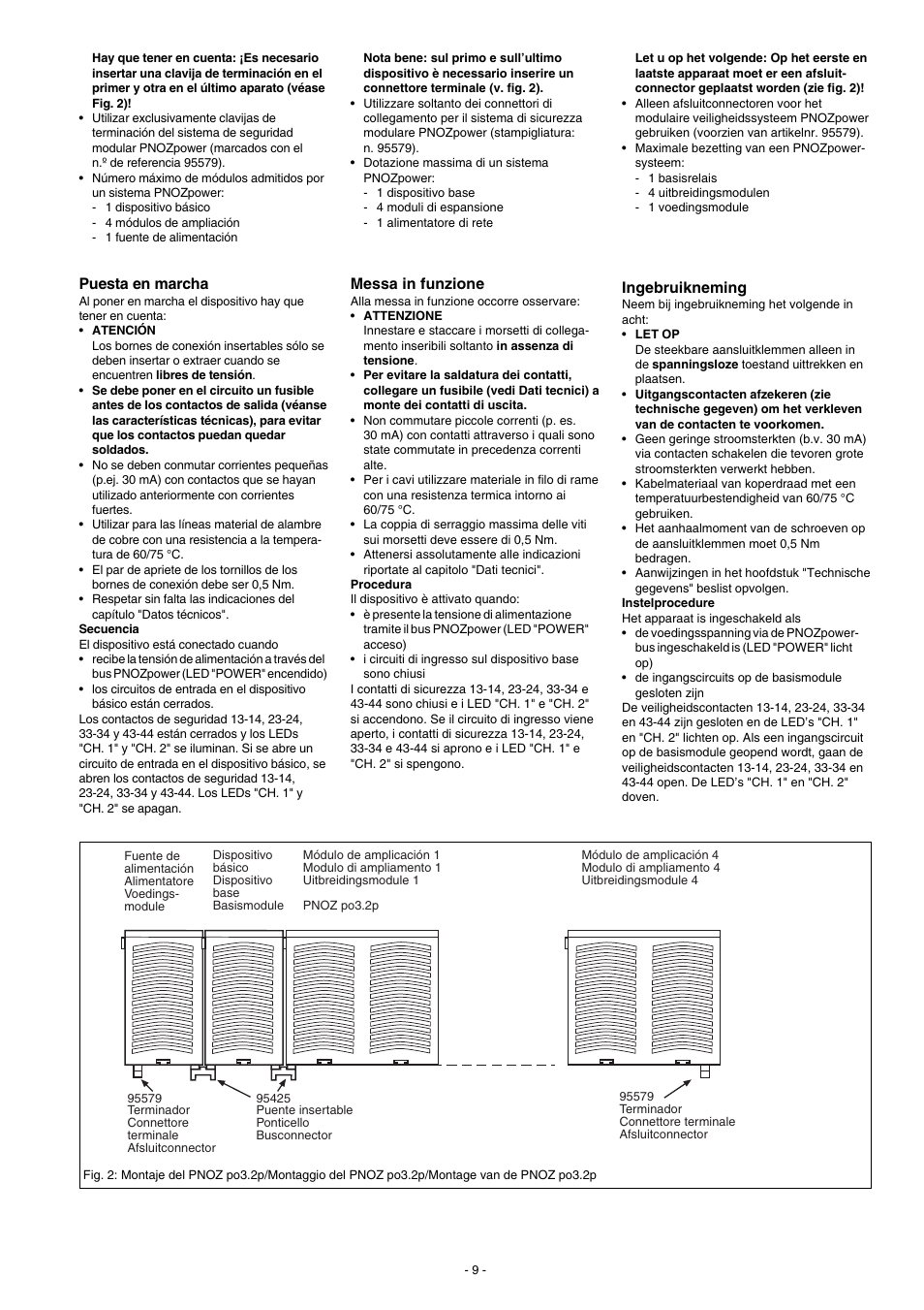 Puesta en marcha, Ingebruikneming, Messa in funzione | Pilz PNOZ po3.2p 4n/o User Manual | Page 9 / 12