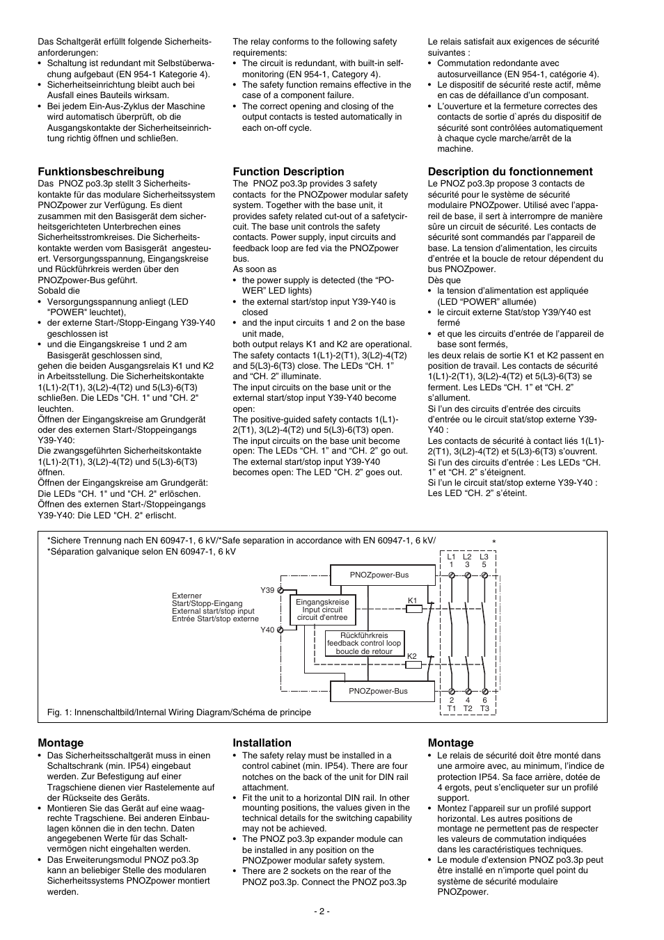 Funktionsbeschreibung, Montage, Description du fonctionnement | Function description, Installation | Pilz PNOZ po3.3p 3n/o User Manual | Page 2 / 16