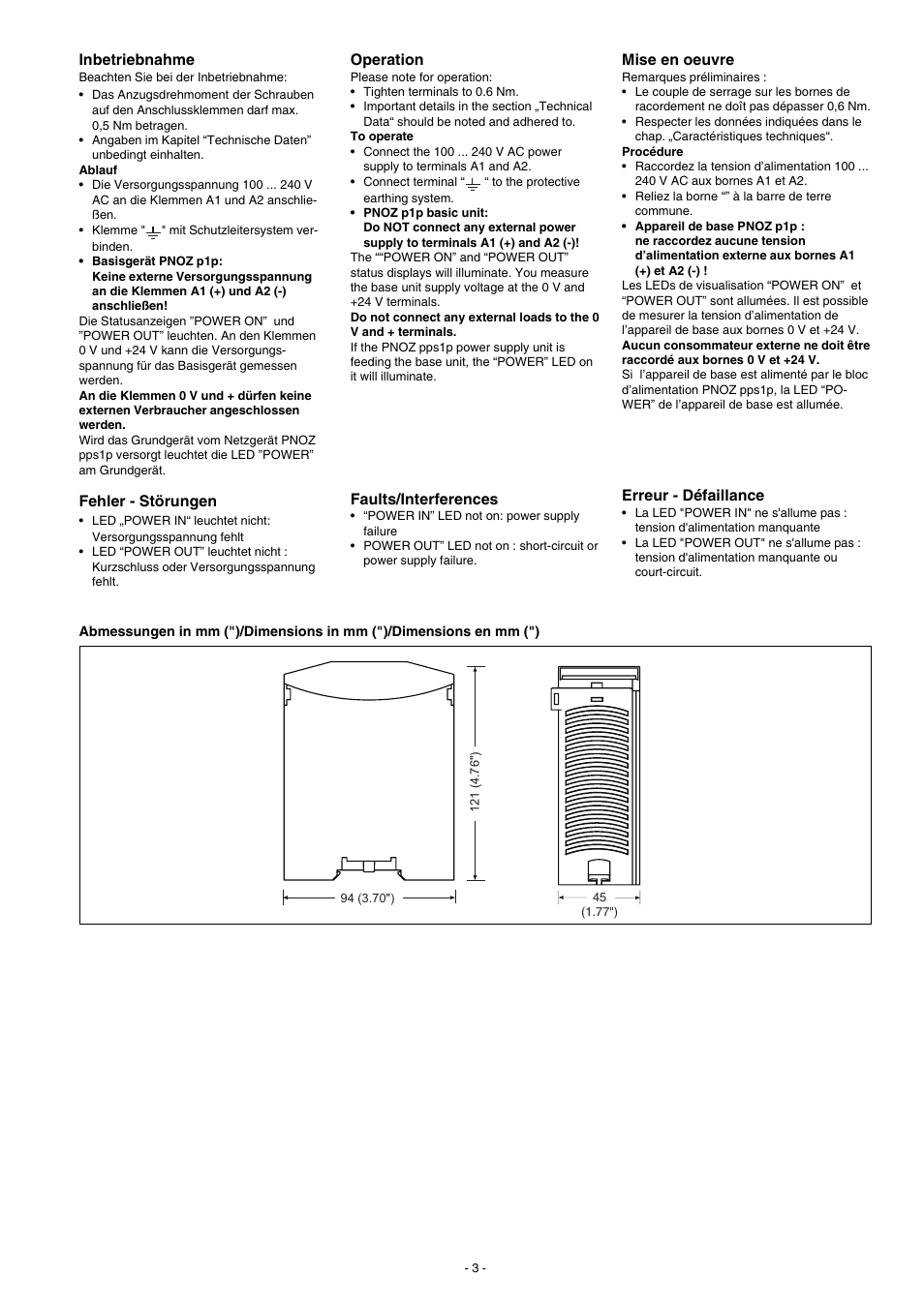 Inbetriebnahme, Fehler - störungen, Operation | Mise en oeuvre, Erreur - défaillance, Faults/interferences | Pilz PNOZ pps1p 100-240VAC User Manual | Page 3 / 8