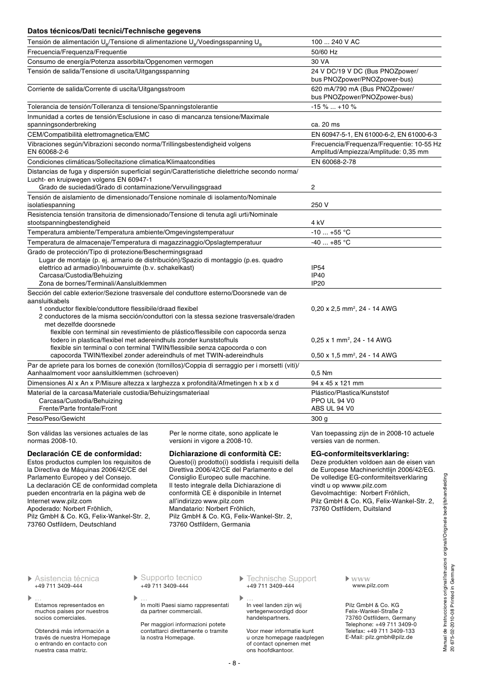 Pilz PNOZ pps1p 100-240VAC User Manual | Page 8 / 8