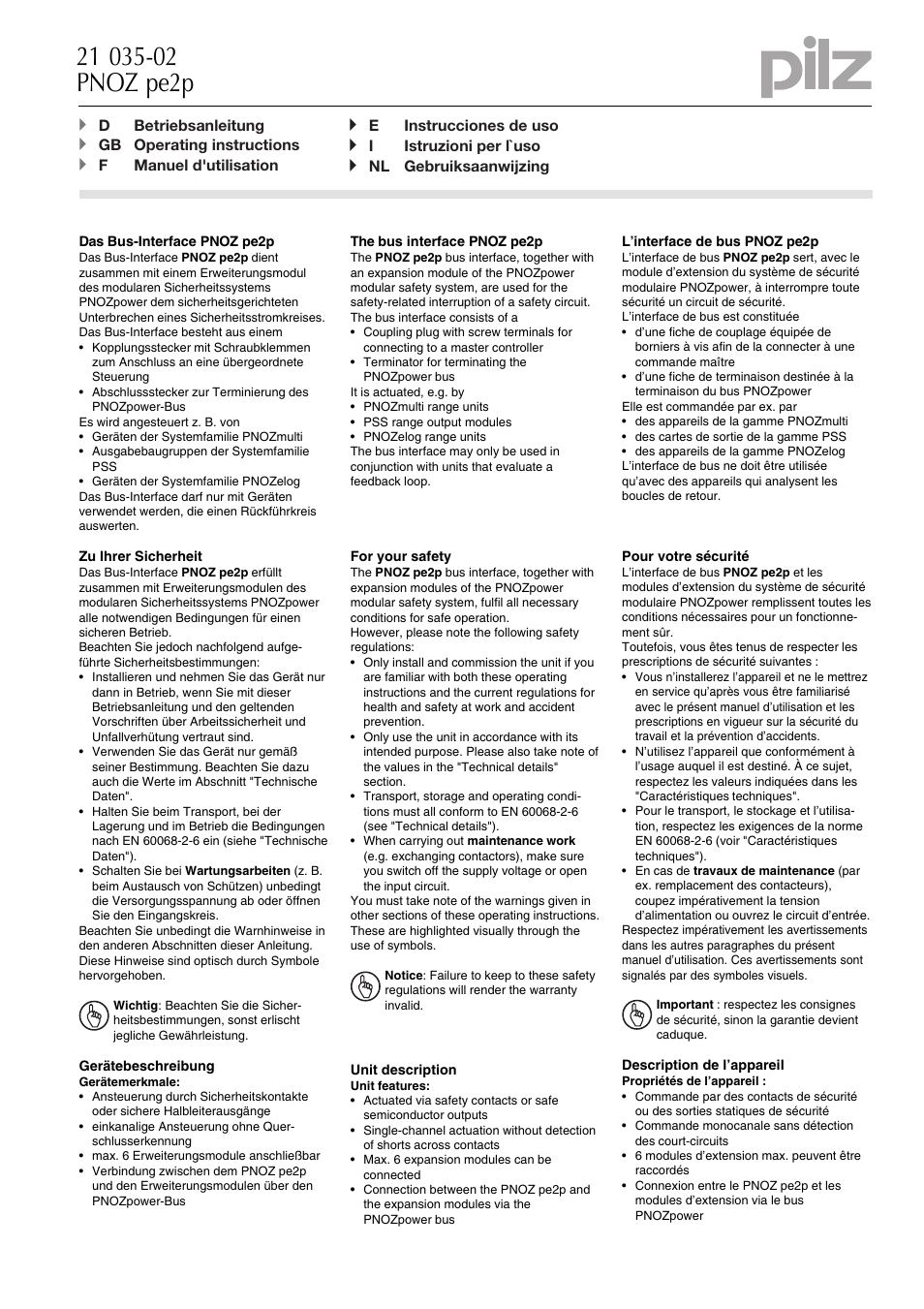 Pilz PNOZpe2p Bus-Interface User Manual | 12 pages